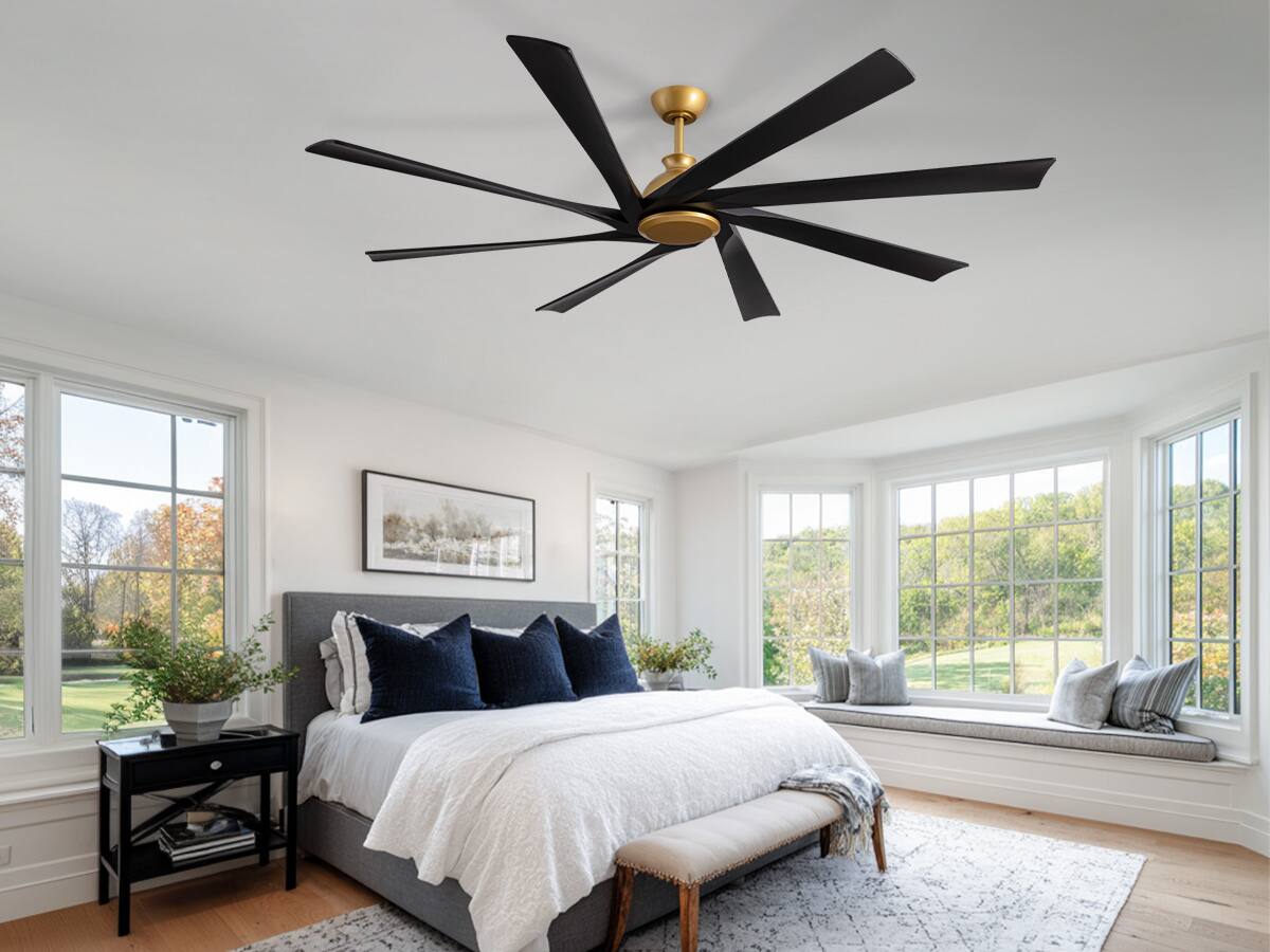 Left. Siljoy - 8-Blade Real Wood Ceiling Fan (Gold & Black) - No Light (for Bedroom, Living Room, Kitchen) - Gold and Black.