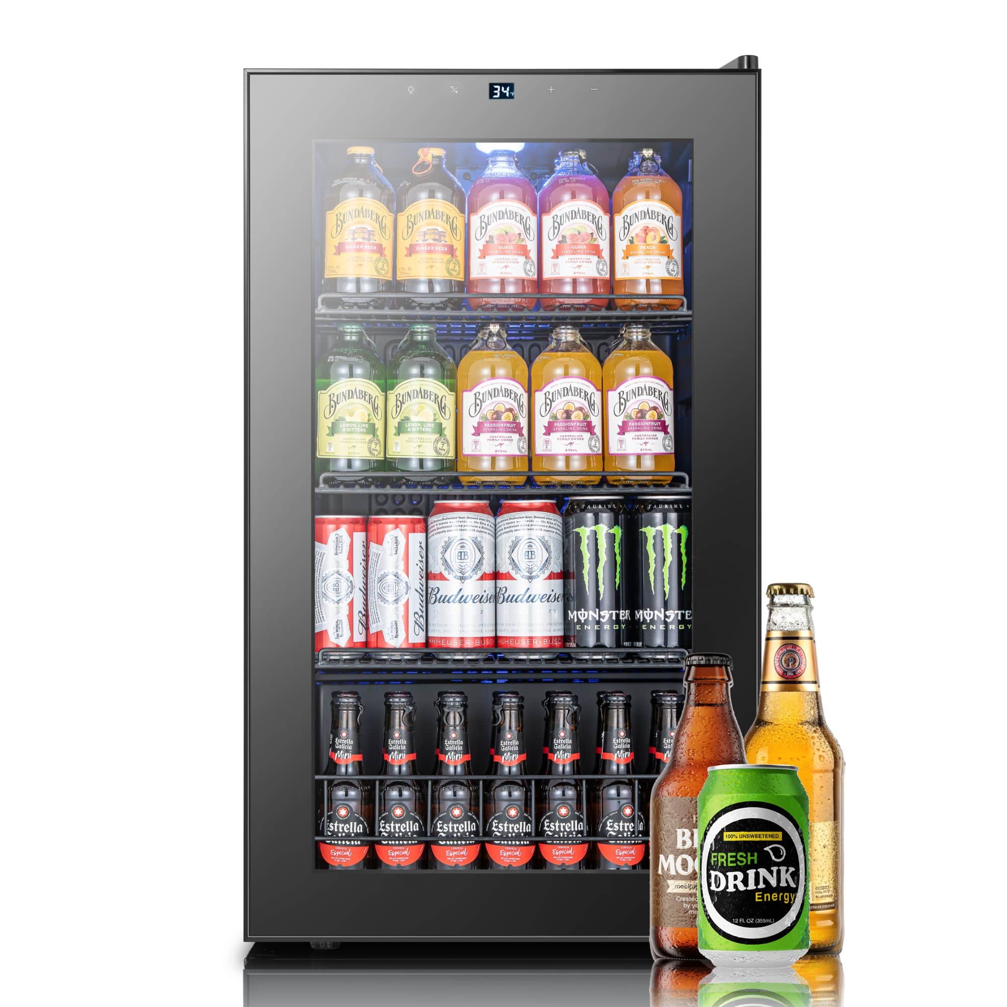 Yeego - Glass Door Beverage Refrigerator Cooler – Freestanding Mini Fridge that Holds 130 Cans for Home and Office - Black