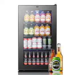 Yeego - Glass Door Beverage Refrigerator Cooler – Freestanding Mini Fridge that Holds 130 Cans for Home and Office - Black