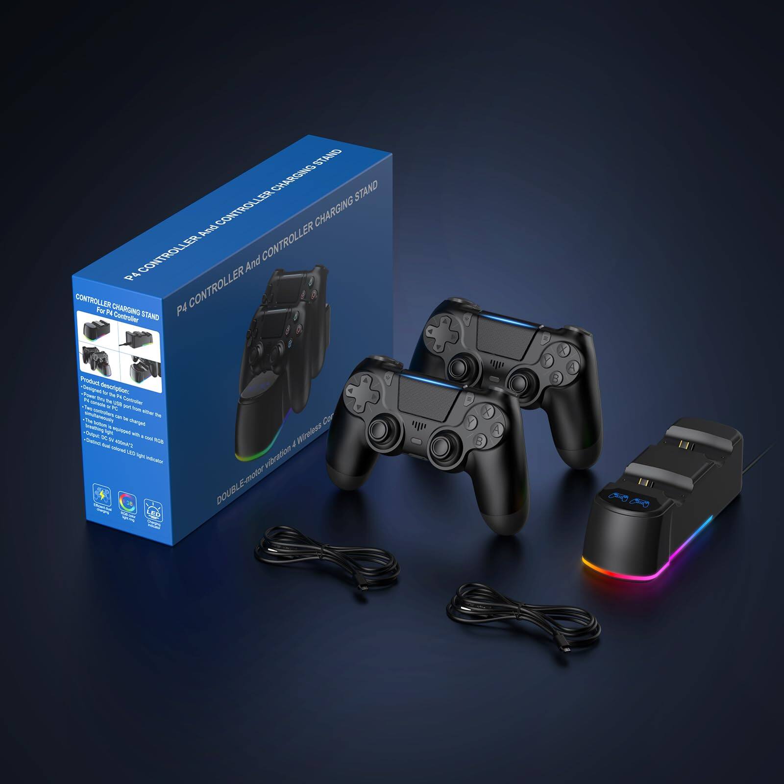 P4 CONTROLLER AND CONTROLLER CHARGING STAND

CONTROLLER CHARGING STAND
For P4 Controller

Product Description:
- The controller can be charged wirelessly or via USB cable.
- The controller can be used with or without the charging stand.
- The charging stand has a built-in LED indicator to show the charging status.
- The controller has a built-in battery with a long-lasting charge.
- The controller supports Bluetooth connectivity.
- The controller has a compact design for easy portability.

DOUBLE-MOTOR Vibration, Wireless Controller

- Supports Bluetooth 5.0
- Dual Motor Vibration
- 6-Axis Motion Sensor
- LED Indicator
- Compatible with PC, PS4, PS5, Xbox One, Xbox Series X/S
- 2.4G Wireless Connection
- 10M Wireless Range
- 4000mAh Battery
- 10Meters Wireless Range
- 4000mAh Battery
- 10Meters Wireless Range
- 4000mAh Battery
- 10Meters Wireless Range
- 4000mAh Battery
- 10Meters Wireless Range
- 4000mAh Battery
