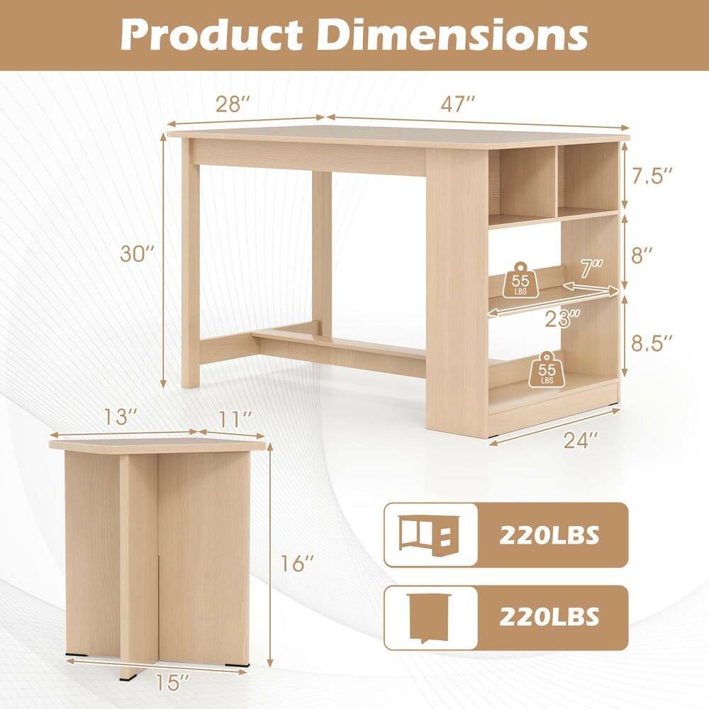 Product Dimensions:  
- Length: 47"  
- Width: 28"  
- Height: 30"  
- Shelf Depth: 7.5"  
- Shelf Height: 7"  
- Drawer Height: 8"  
- Drawer Width: 13"  
- Drawer Depth: 11"  
- Cabinet Height: 16"  
- Cabinet Width: 24"  
- Cabinet Depth: 15"  
- Weight Capacity: 55 LBS (Shelf)  
- Weight Capacity: 220 LBS (Cabinet)  
- Weight Capacity: 220 LBS (Drawer)
