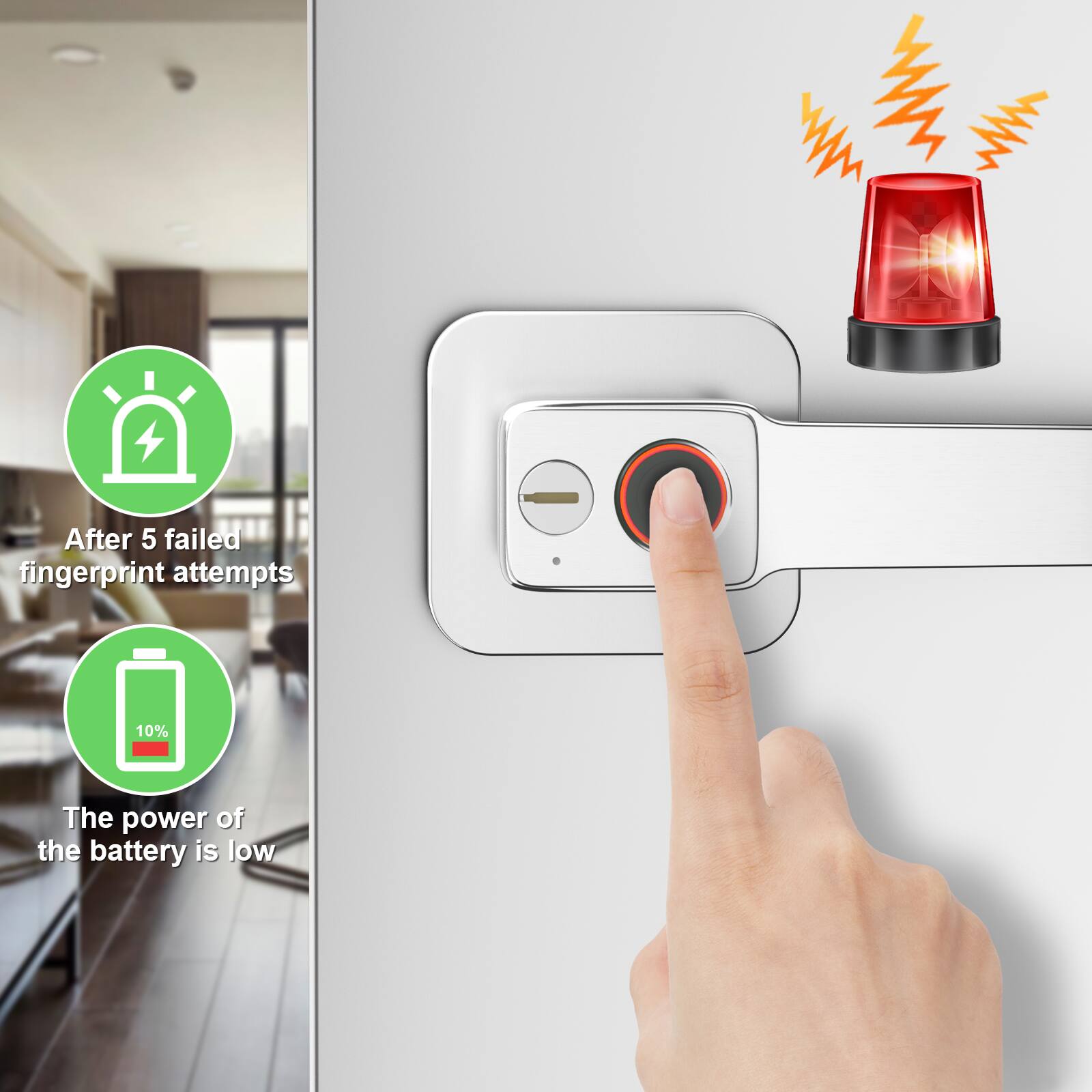 After 5 failed fingerprint attempts, the power of the battery is low.