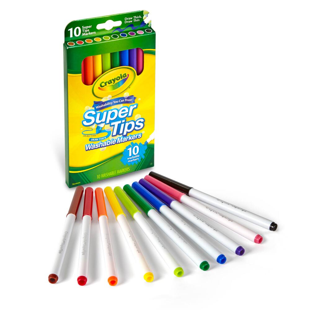 Super 10 Tips Markers  
Draw Thick, Draw Thin  
Crayola  
Washability You Can Trust!  
Super Tips  
Washable Markers  
10 Washable Markers