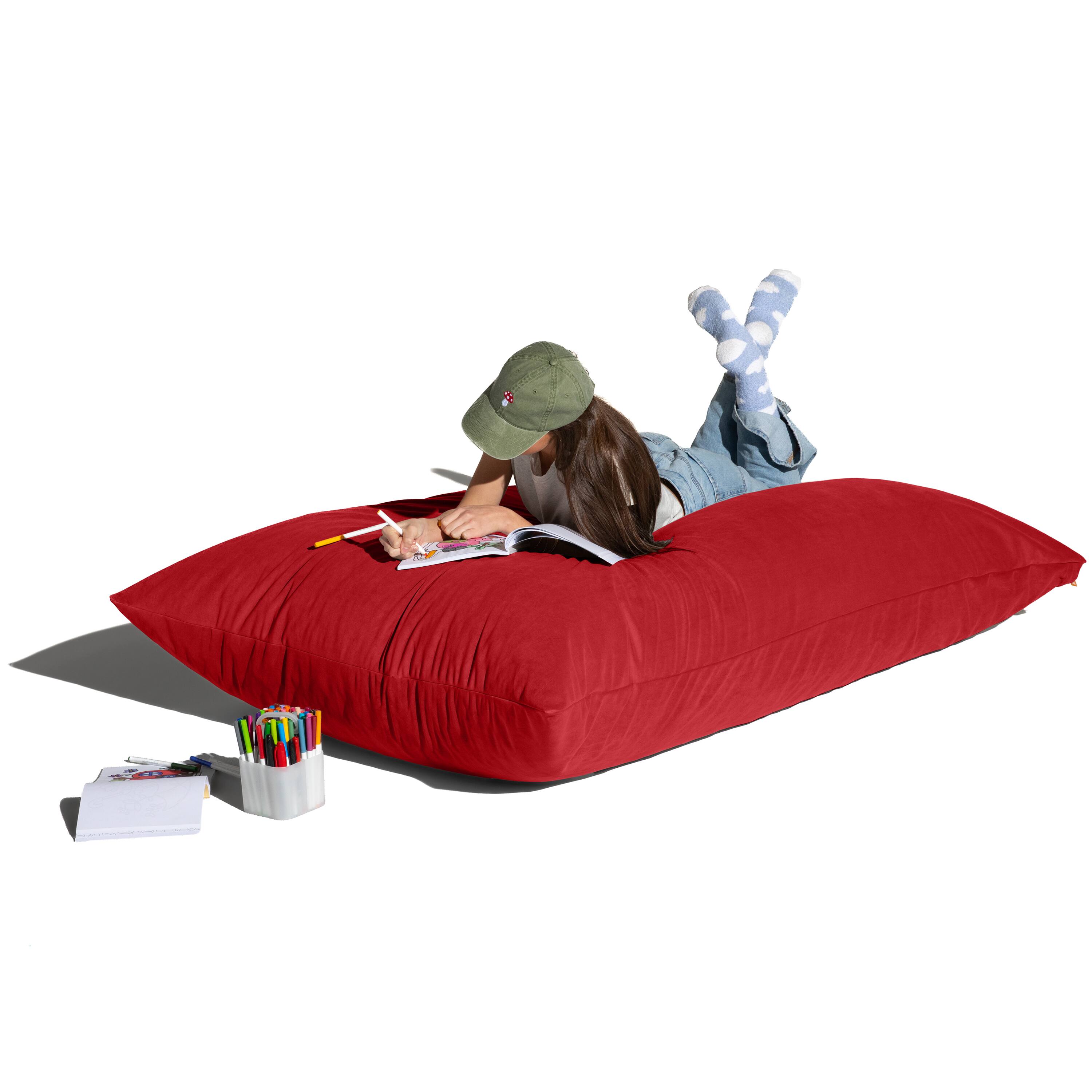 Angle. Jaxx - Pillow Saxx Dream Lounger with Wood Frame - 3-in-1 Bean Bag Accent Chair, Recliner & Sleeper, Lush Velvet Merlot - Lush Velvet Merlot.