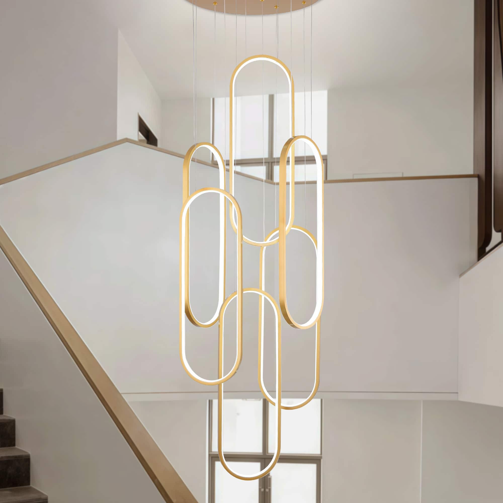 RYHNUYNE - 6-Ring Modern LED Dimmable Pendant Light Fixture, Large High Ceiling Chandelier,Contemporary Light for Staircase - Gold