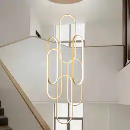 RYHNUYNE - 6-Ring Modern LED Dimmable Pendant Light Fixture, Large High Ceiling Chandelier,Contemporary Light for Staircase - Gold