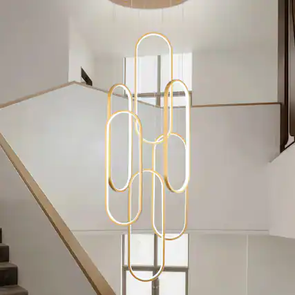Front. RYHNUYNE - 6-Ring Modern LED Dimmable Pendant Light Fixture,Gold Large High Ceiling Chandelier,Contemporary Light for Staircase - Gold.