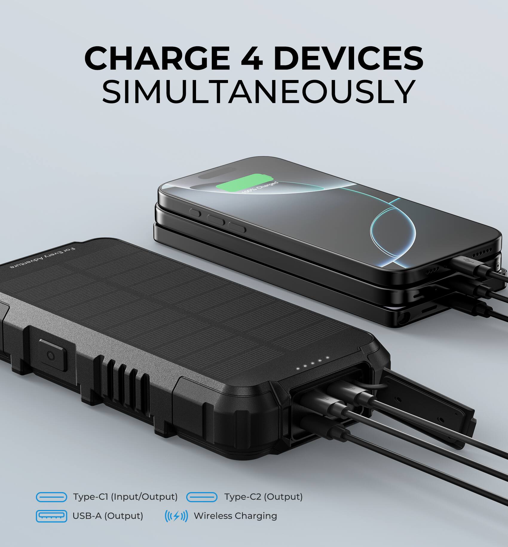CHARGE 4 DEVICES SIMULTANEOUSLY

Type-C1 (Input/Output)  
Type-C2 (Output)  
USB-A (Output)  
Wireless Charging