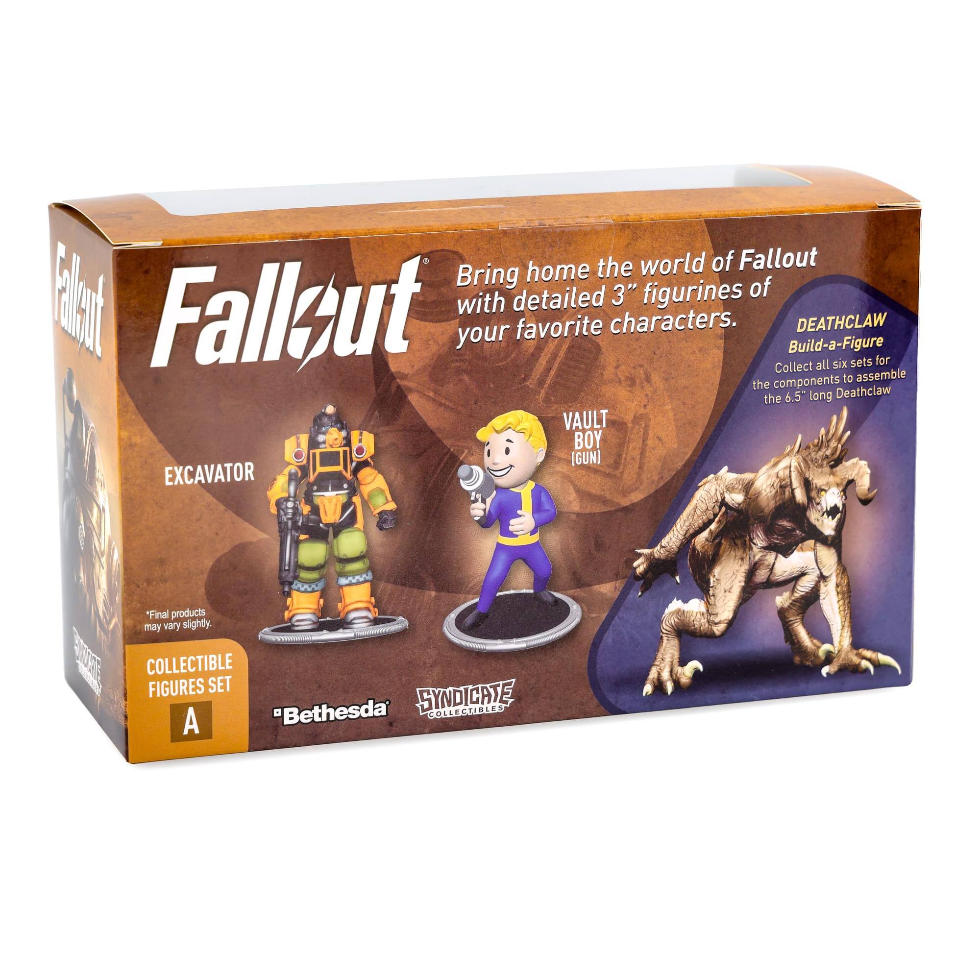 Bring home the world of Fallout with detailed 3" figurines of your favorite characters. Collect Build-a-Figure DEATHCLAW all six sets to assemble the components to assemble the 6.5" long Deathclaw. VAULT BOY (GUN) EXCAVATOR "Final products may vary slightly. COLLECTIBLE FIGURES SET "Bethesda SYNDICATE COLLECTIBLES