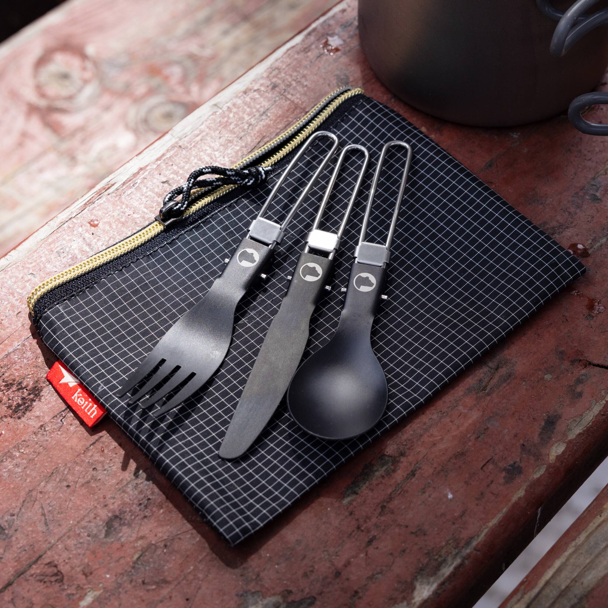 Alt View 1. Explorer Bear - Explorer Bear Black Titanium Folding Utensil Set - Lightweight Camping Cutlery with Spoon, Fork & Knife - Black.