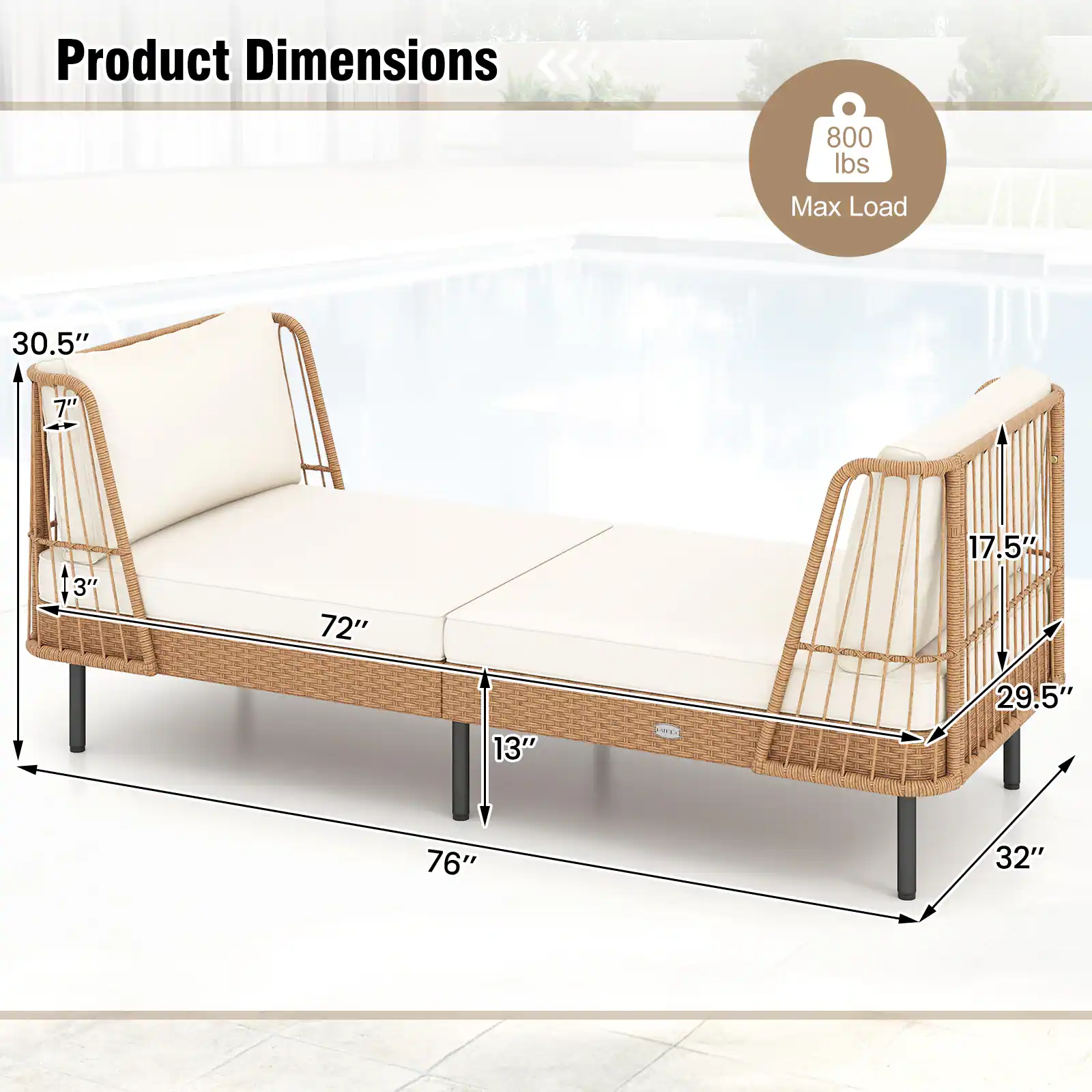 Product Dimensions  
Max Load: 800 lbs  
30.5" x 7" x 3" x 72" x 17.5" x 13" x 29.5" x 76" x 32"