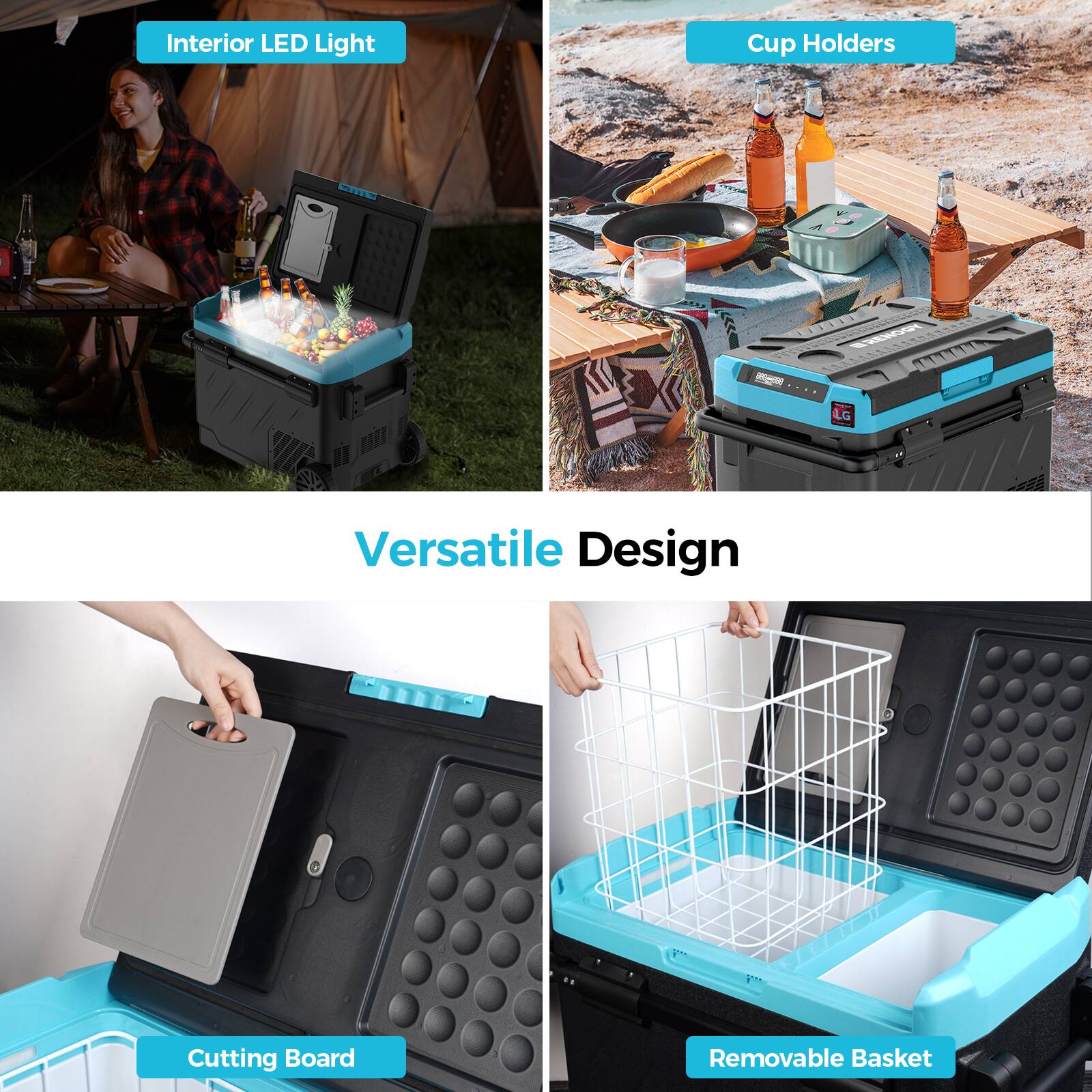 The image features a versatile design with an interior LED light, cup holders, and a cutting board. The design also includes a removable basket, making it a practical and convenient option for various uses.