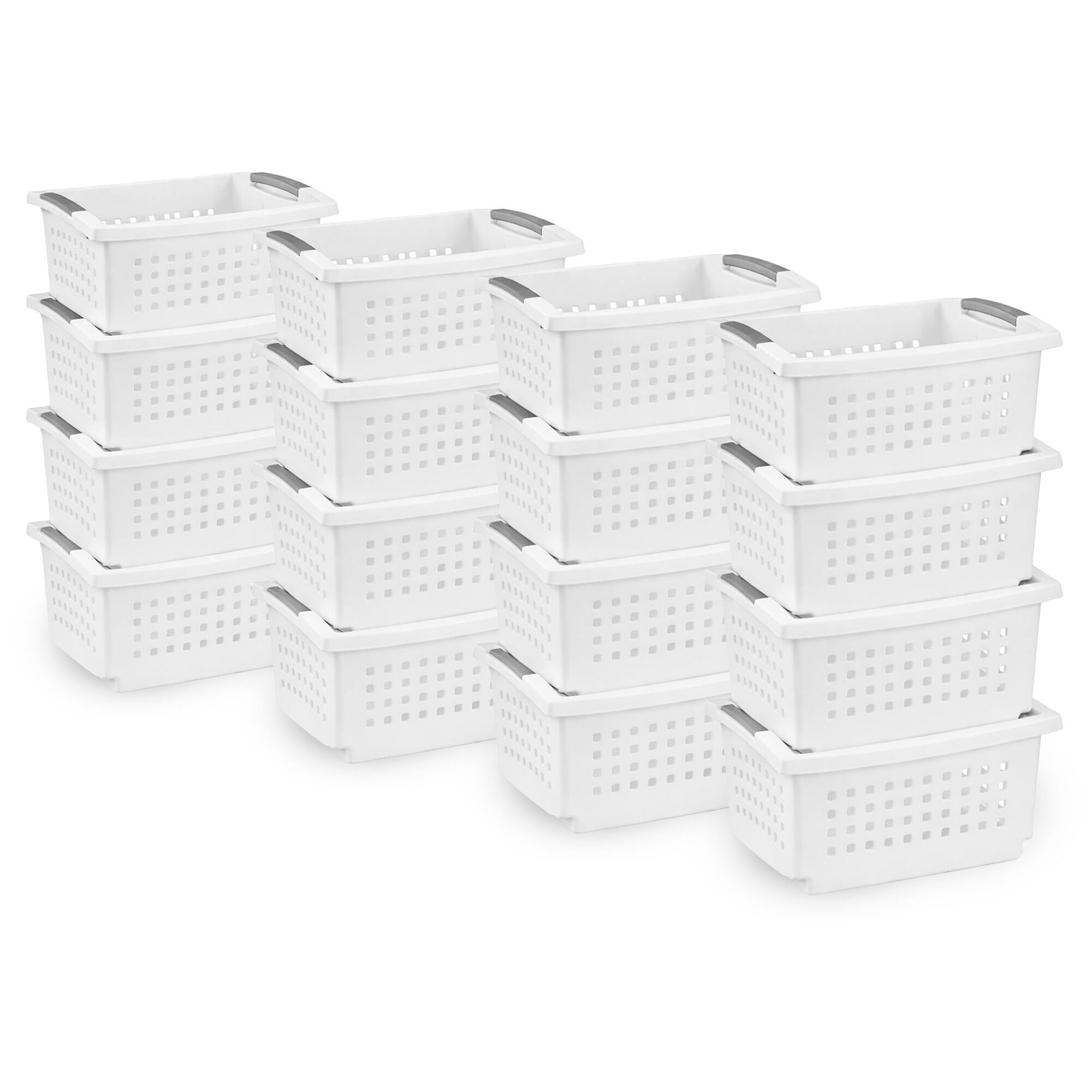 Front. Sterilite - Sterilite Medium Stacking Basket, Open Top Storage Bin w Handles, 16 Pack, White.