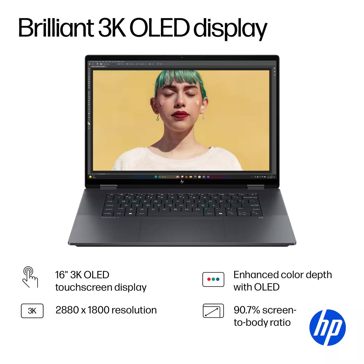 Brilliant 3K OLED display

16" 3K OLED touchscreen display  
2880 x 1800 resolution

Enhanced color depth with OLED  
90.7% screen-to-body ratio