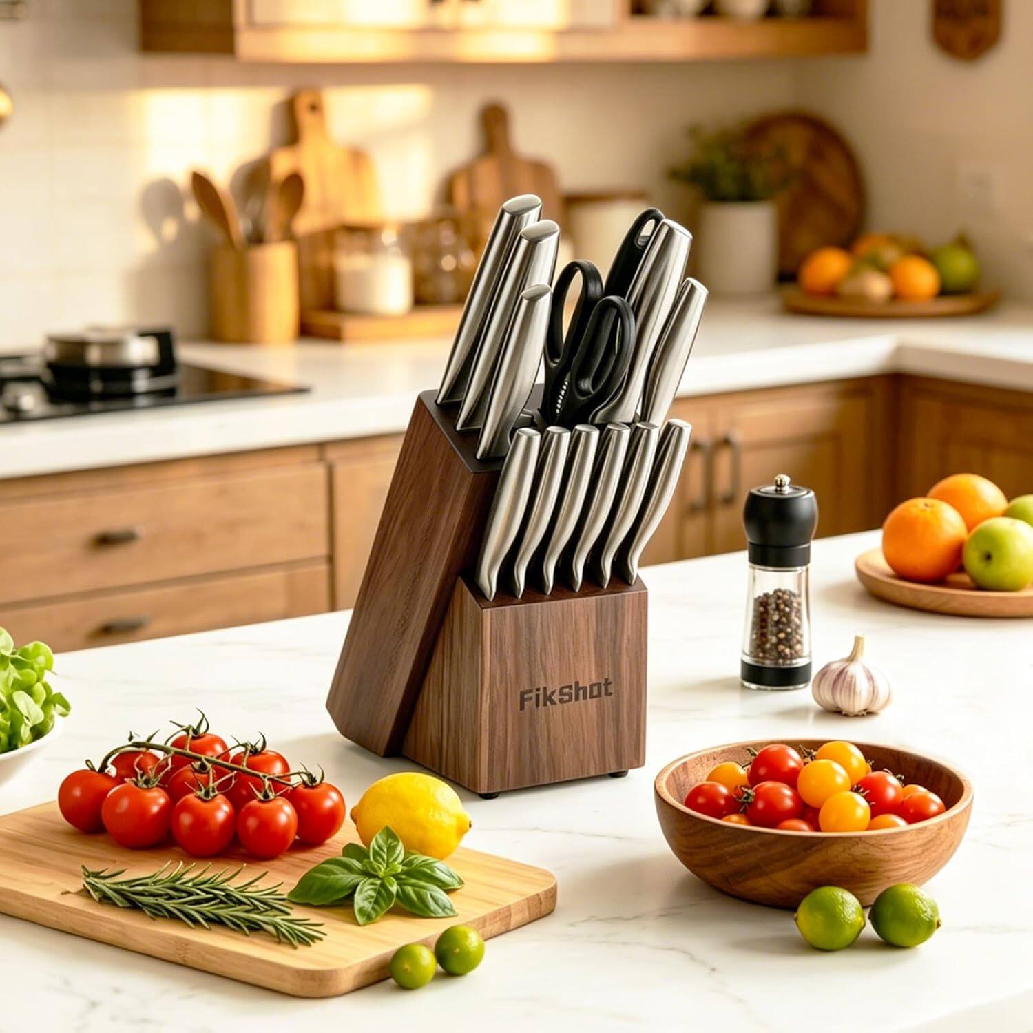 Angle. Livingo - FIKSHOT 14 Pieces Knife Block Set German Stainless Steel with Sharpener.