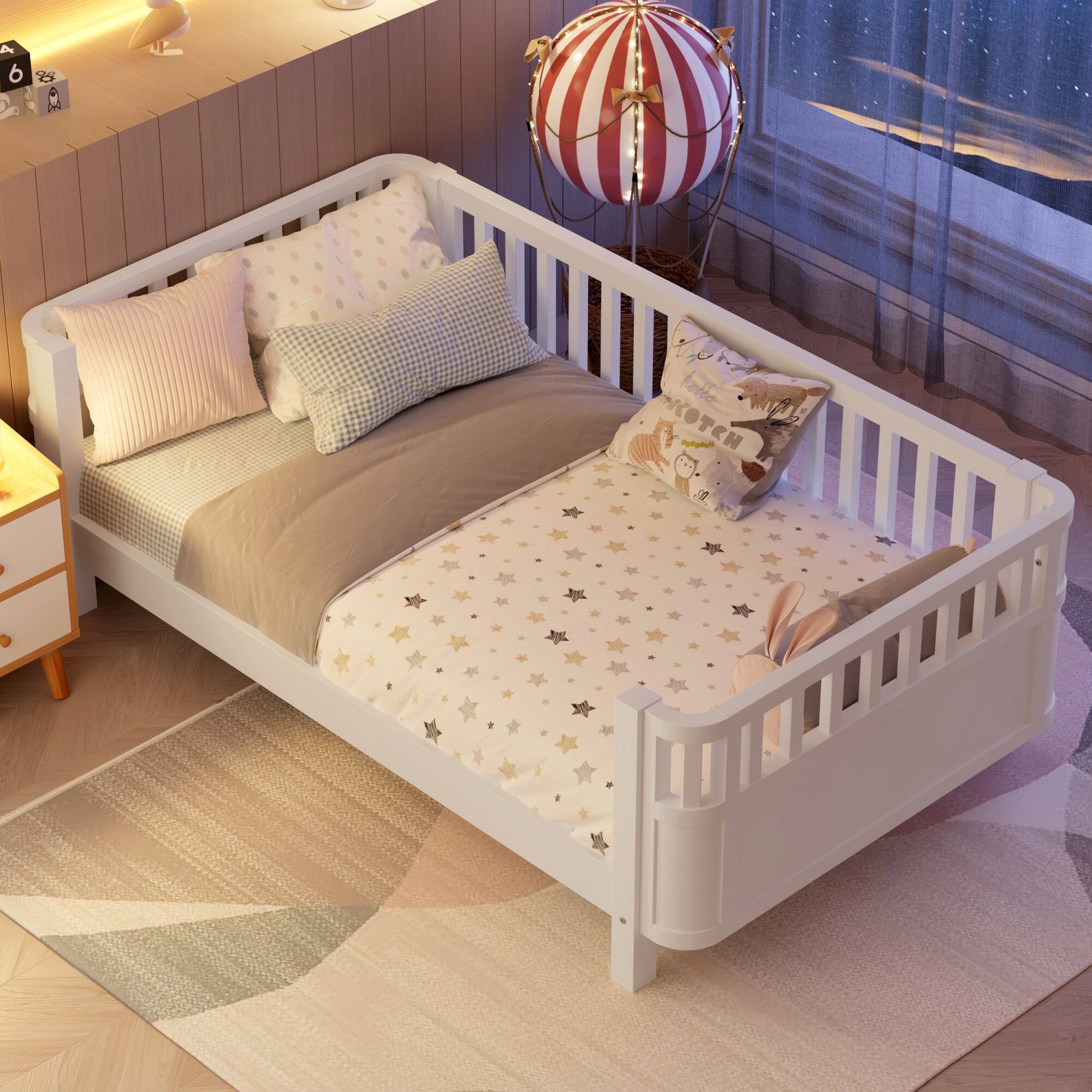 Alt View 4. Boyel Living - Twin Size Wood Platform Bed for Kids with Low Profile and Safety Rails, White (Patented Design) - White.