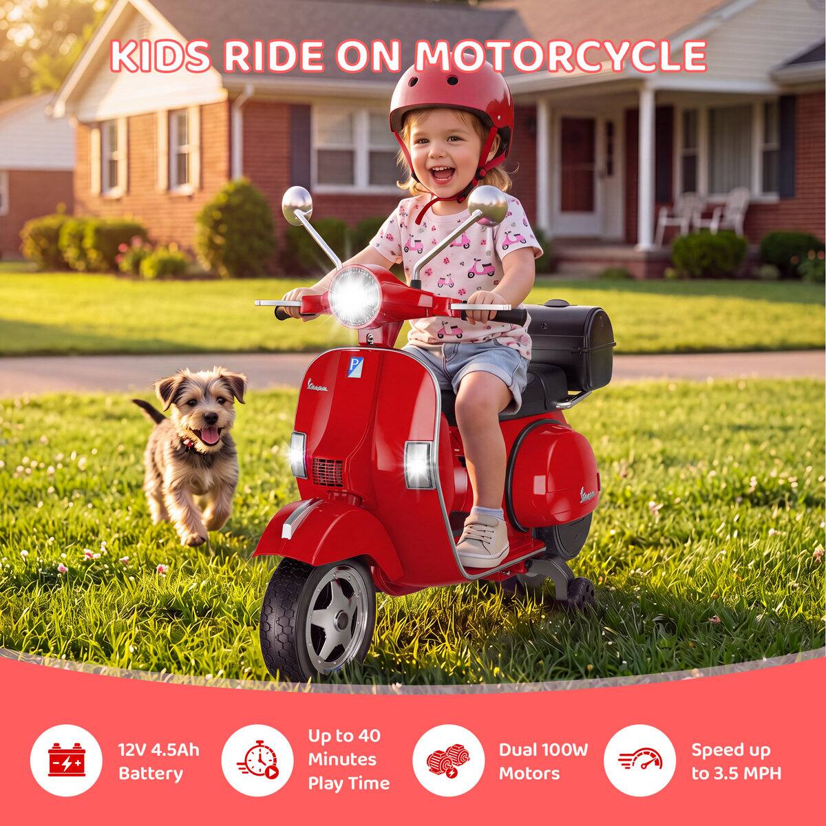 KIDS RIDE ON MOTORCYCLE

- 12V 4.5Ah Battery
- Up to 40 Minutes Play Time
- Dual 100W Motors
- Speed up to 3.5 MPH