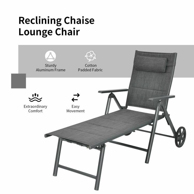 Reclining Chaise Lounge Chair

- Sturdy Aluminum Frame
- Cotton Padded Fabric
- Extraordinary Comfort
- Easy Movement