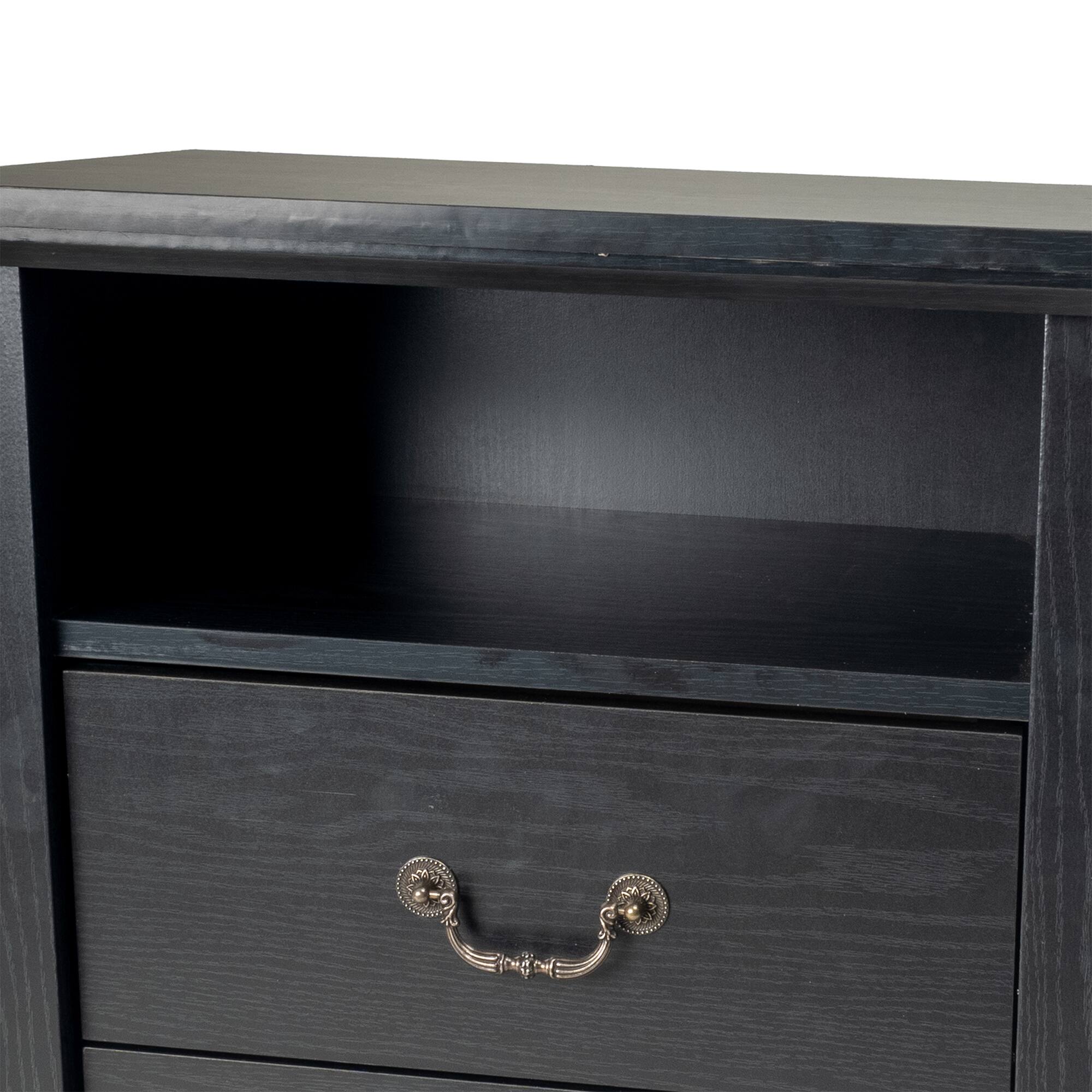 Alt View 6. Vaczon - Rustic Black Nightstand Bedside Table with Open Shelf and 2 Drawers - Black.