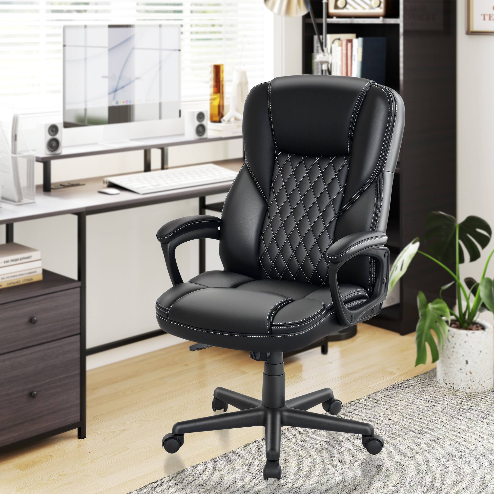 Alt View 7. Homcom - Office Chair High Back, PU Leather Executive Computer Desk Chair, Adjustable Height Lumbar Support Swivel Wheels - Black.