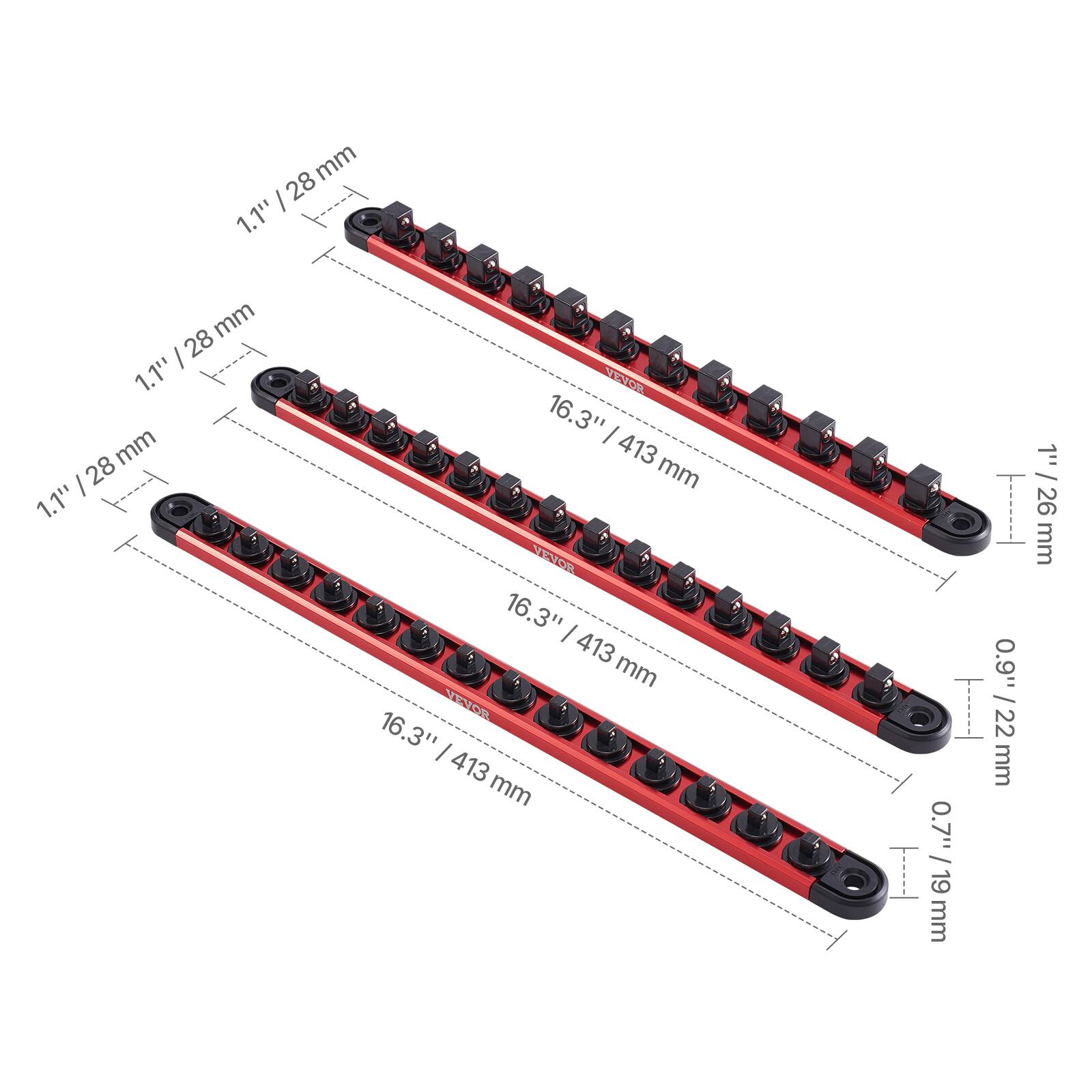 1.1" / 28 mm  
16.3" / 413 mm  
1" / 26 mm  
0.9" / 22 mm  
0.7" / 19 mm