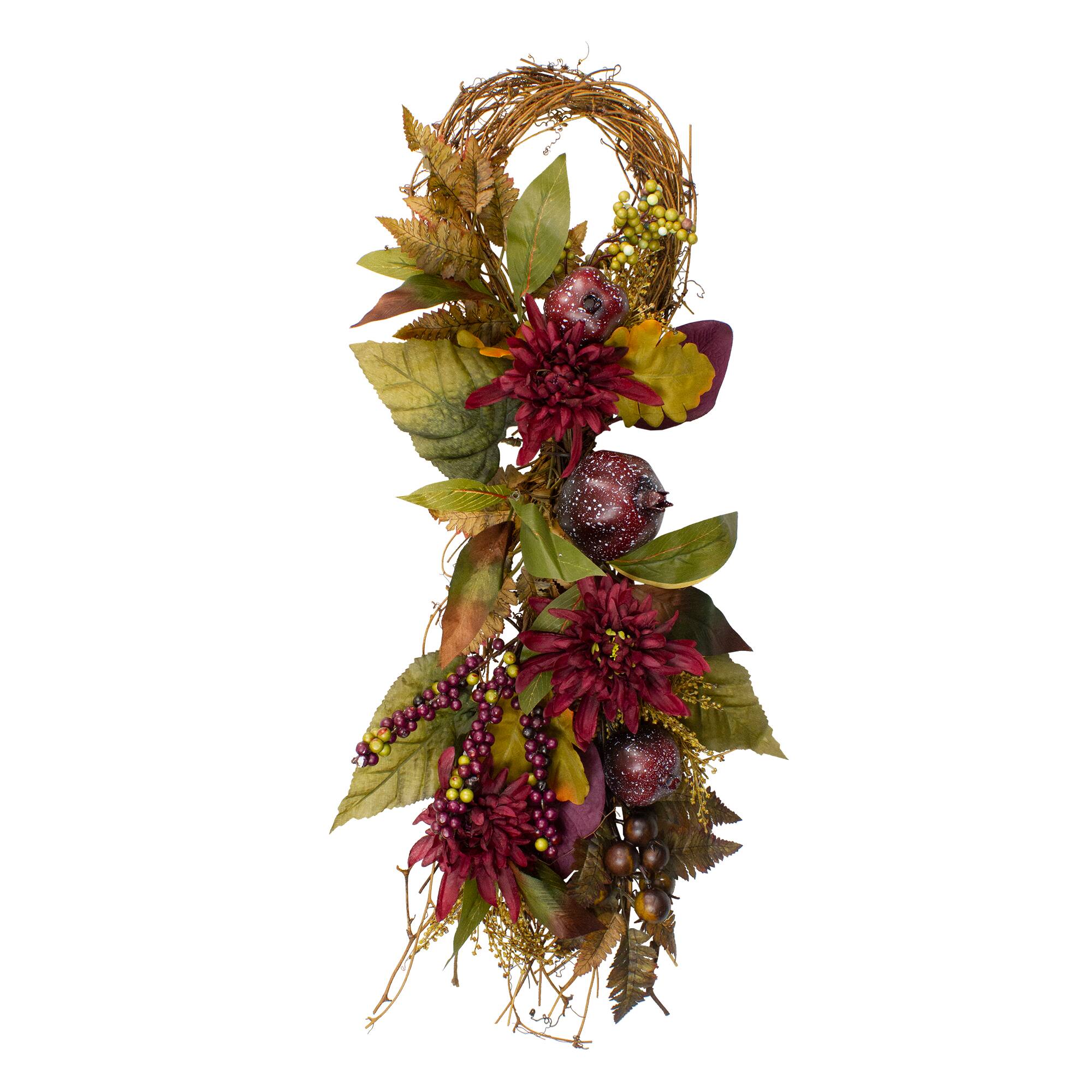 Front. Northlight - Mums and Pomegranate Fall Harvest Grapevine Twig Teardrop Swag - 28" - Red.
