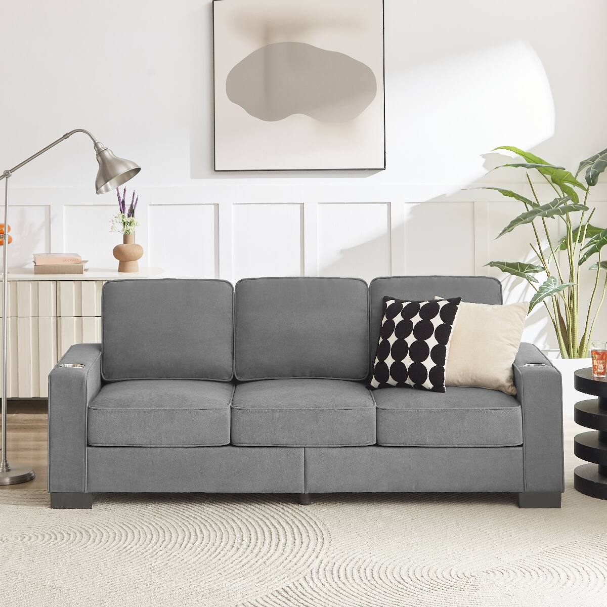 Angle. Ropilly - Ropilly Gray 3 Seater Fabric Sofa Compressed Couch with Built In Cup Holders for Living Room Bedroom Office - Gray.