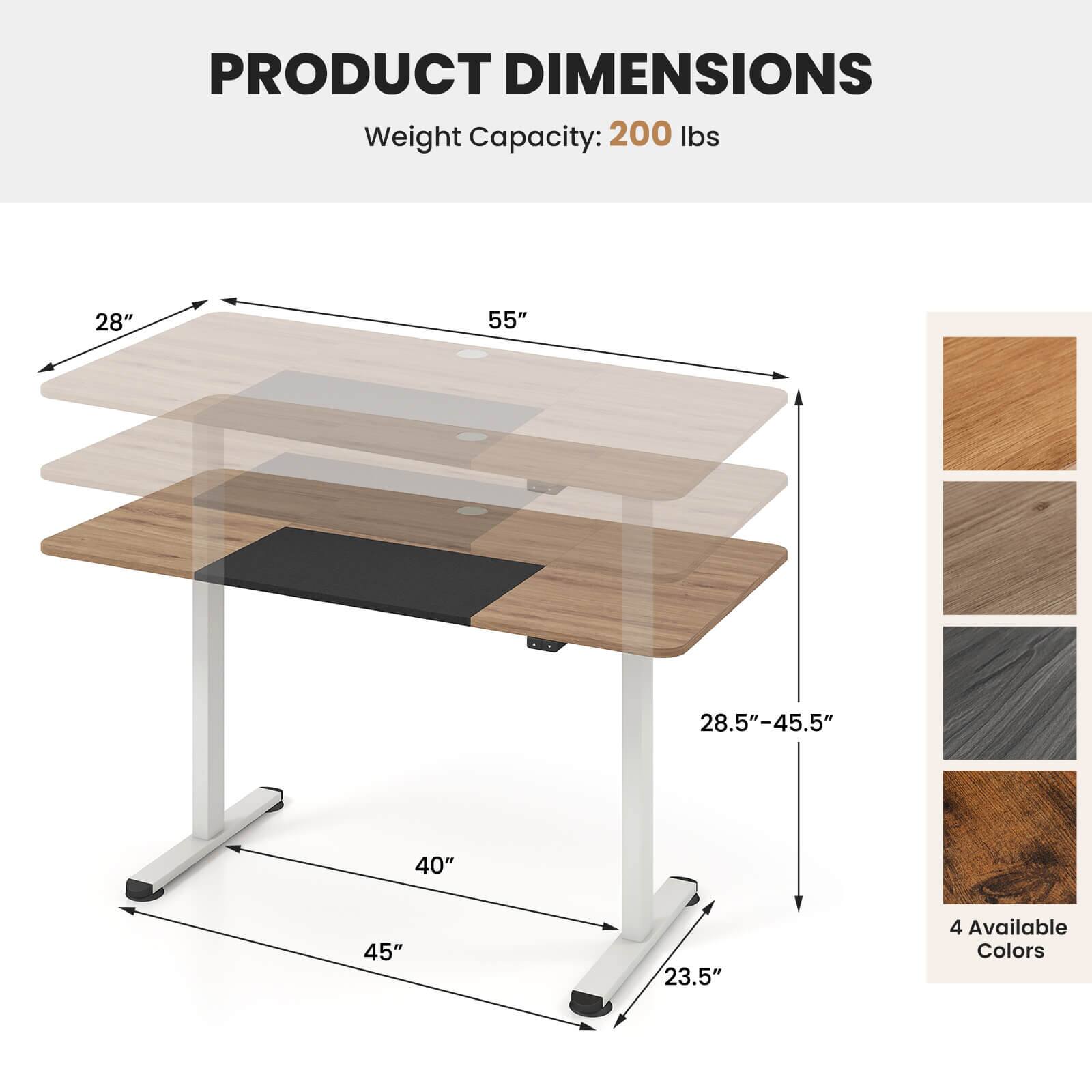 Product Dimensions:
Weight Capacity: 200 lbs
Dimensions: 28" x 55"
Legs: 28.5"-45.5"
Table Top: 40" x 45"
Available Colors: 4