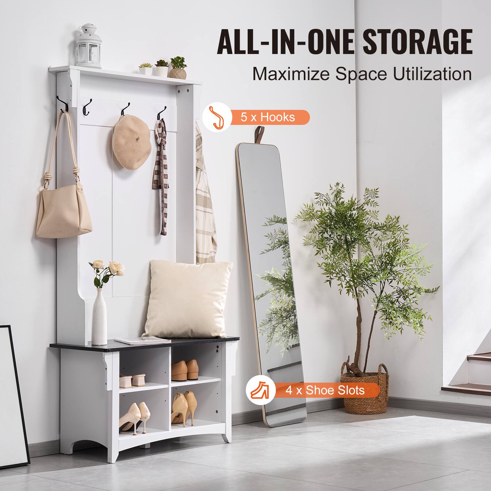 ALL-IN-ONE STORAGE  
Maximize Space Utilization  

5 x Hooks  
4 x Shoe Slots