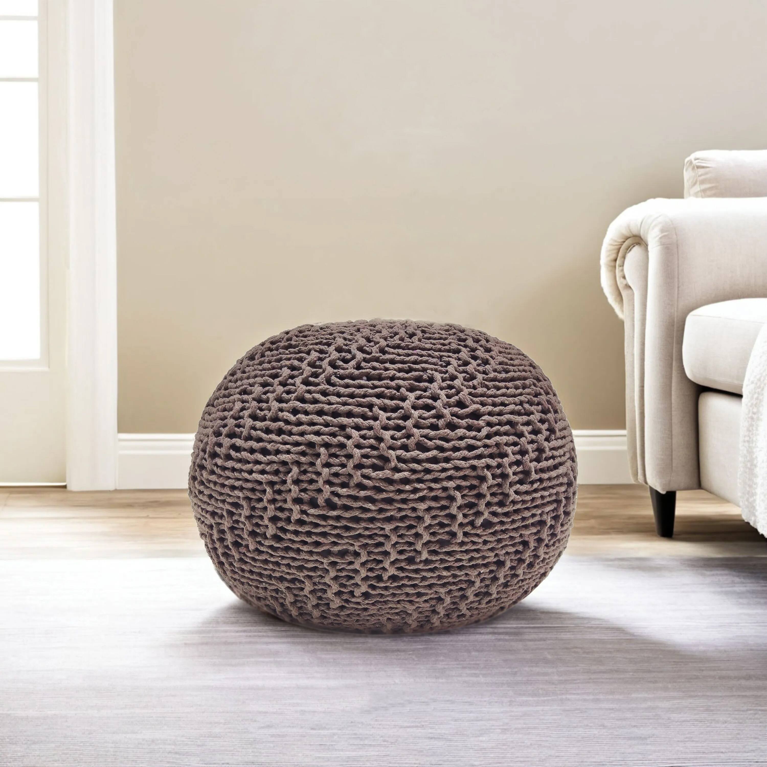 Left. GOODSILO - Modern Round Knit Weave Pouf Ottoman with Eco-Friendly Materials for Indoor and Outdoor Seating - PET.