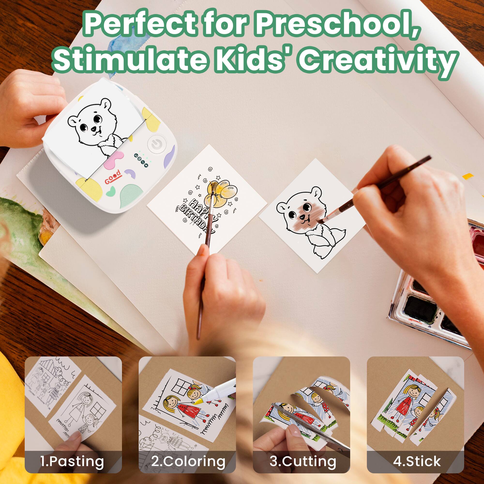 Perfect for Preschool, Stimulate Kids' Creativity

1. Pasting
2. Coloring
3. Cutting
4. Stick