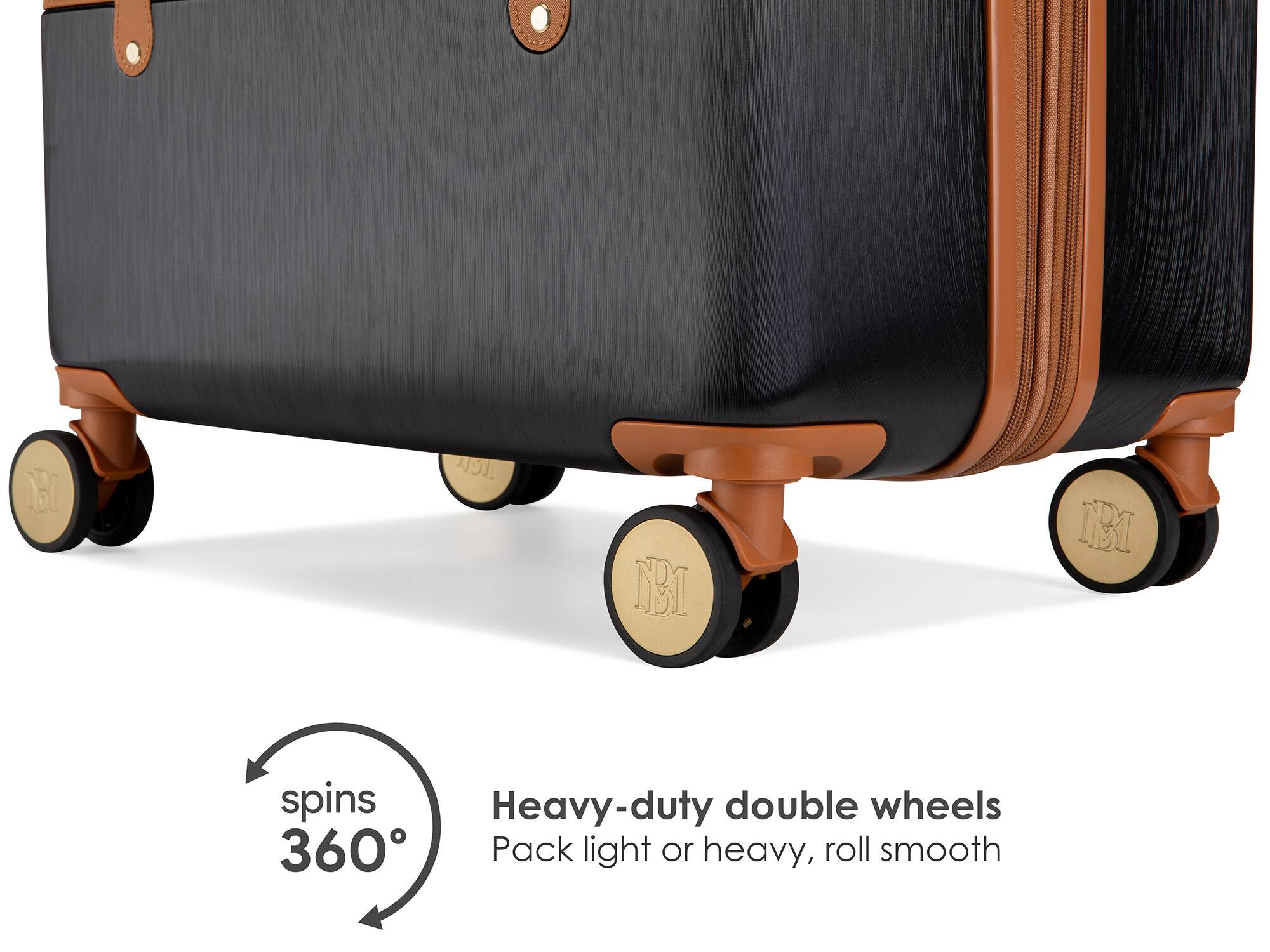 NBI spins 360° Heavy-duty double wheels. Pack light or heavy, roll smooth.