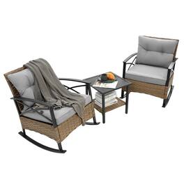 Ecooso - 3-Piece Rocking Rattan Outdoor Leisure Chair Set - Gray