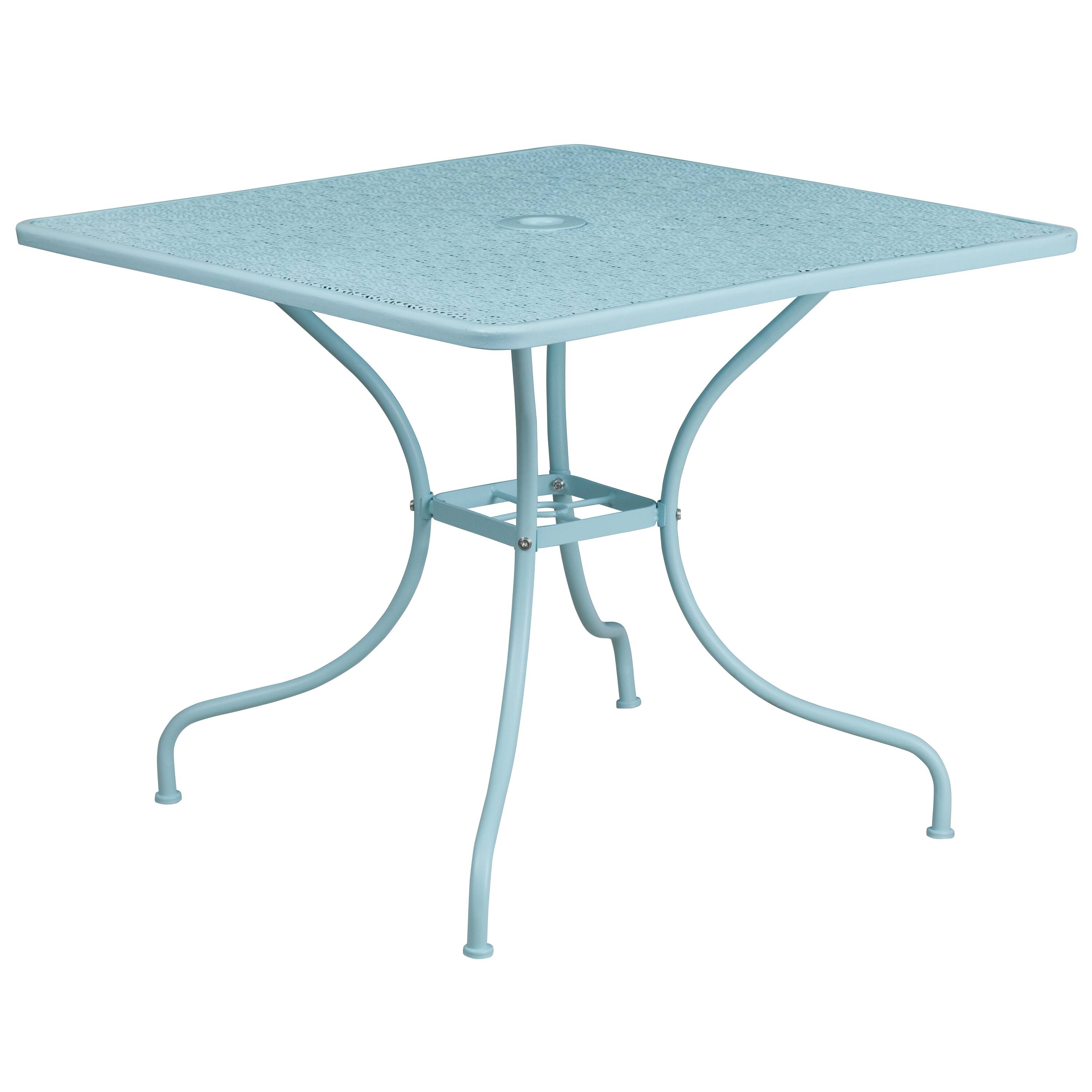 Alt View 3. Emma + Oliver - Commercial 35.5" Square Metal Garden Patio Table Set w/ 4 Round Back Chairs - Sky Blue.
