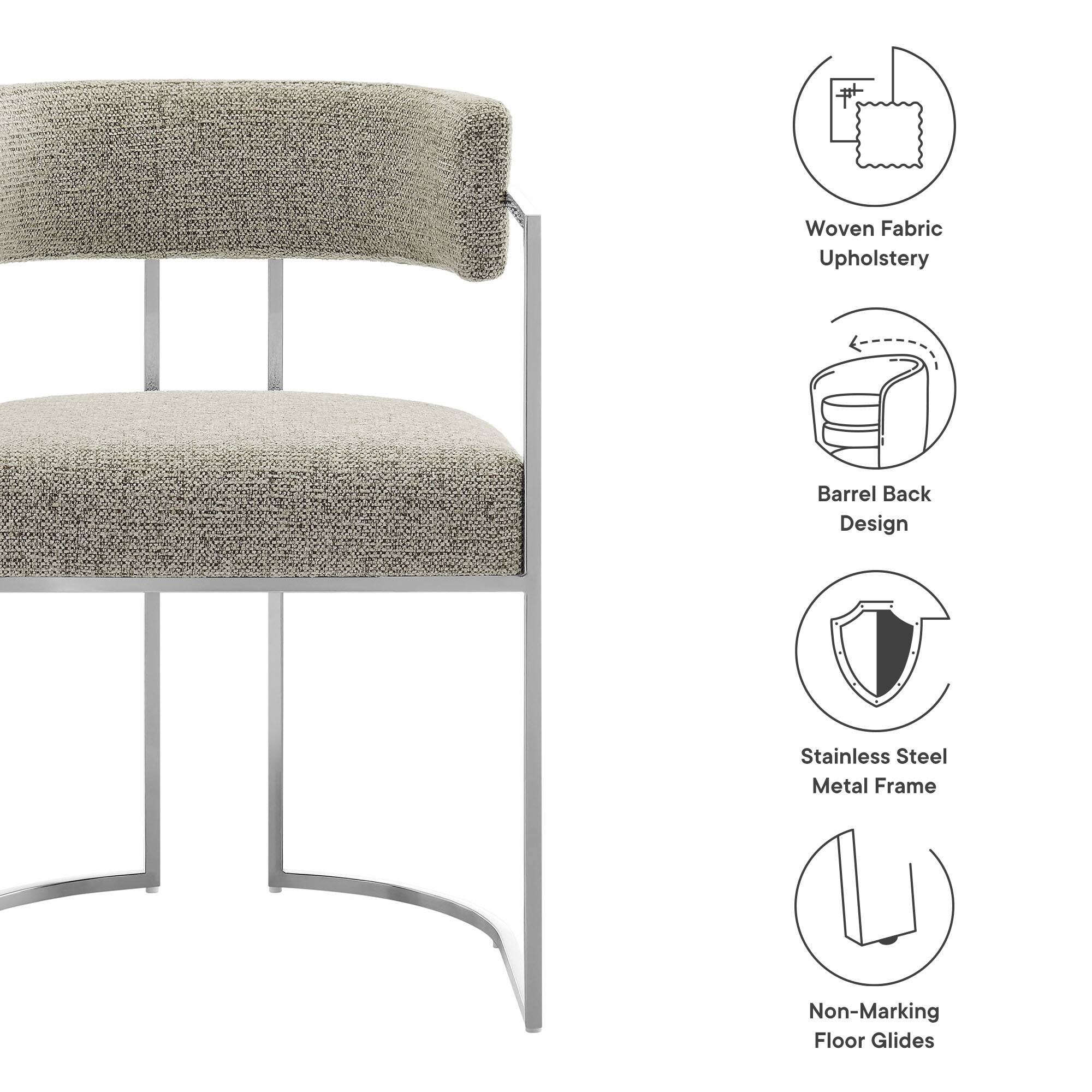 - Woven Fabric Upholstery
- Barrel Back Design
- Stainless Steel Metal Frame
- Non-Marking Floor Glides