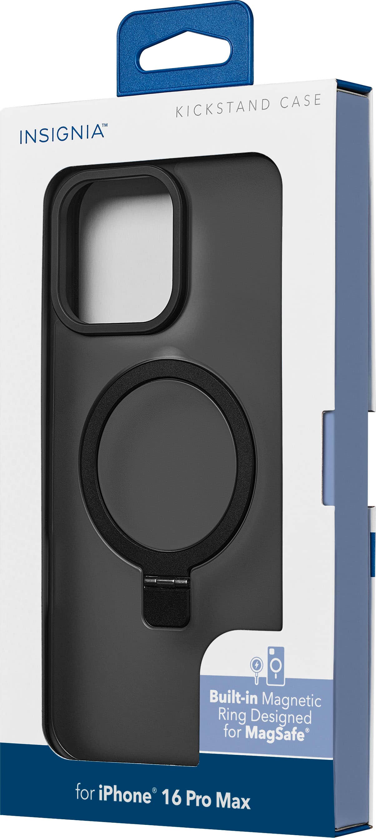 The text on the image is grouped and corrected as follows:
"Insignia Kickstand Case + Built-in Magnetic Ring Designed for MagSafe for iPhone 16 Pro Max"