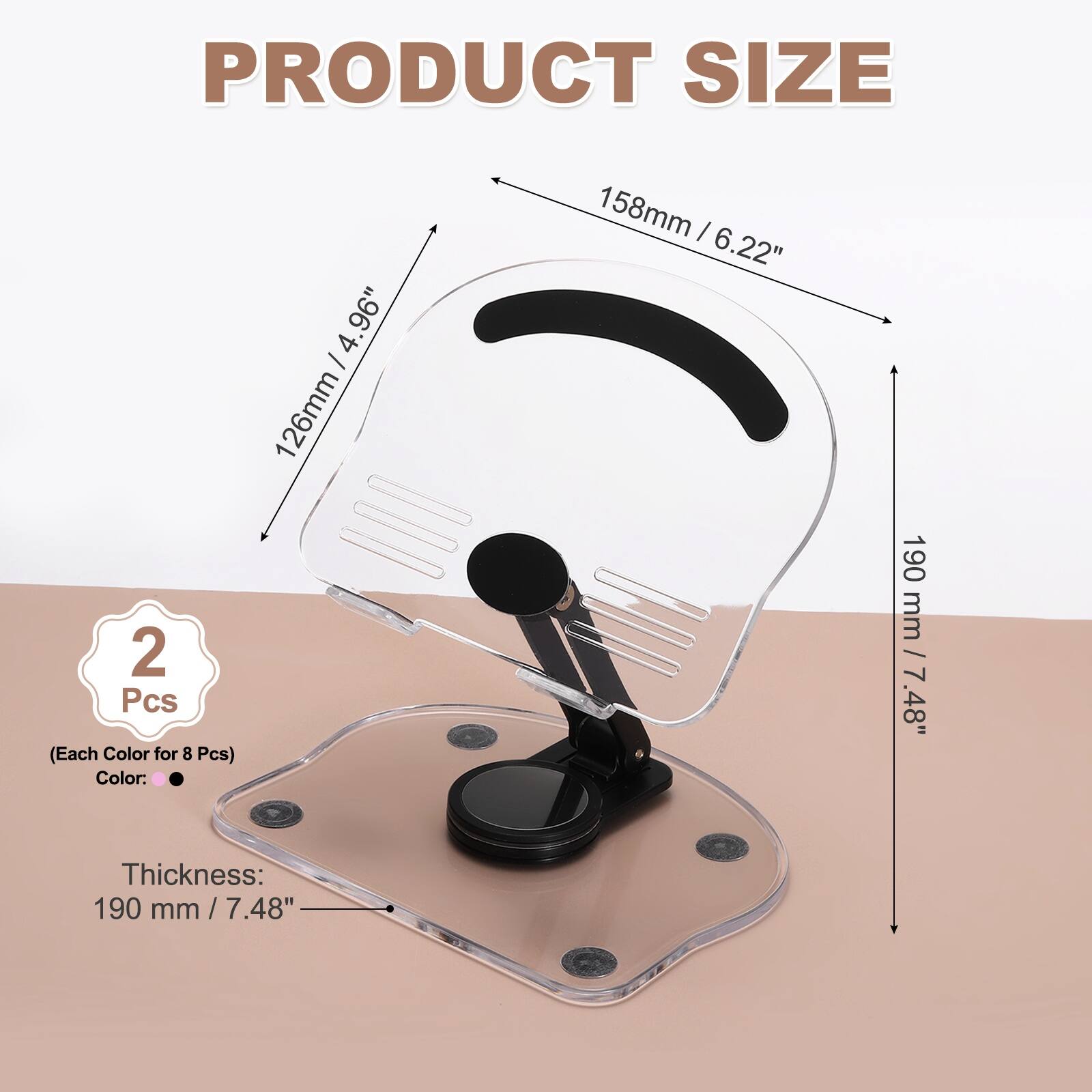 PRODUCT SIZE  
4.96" - 126mm / 4.96"  
126mm  
2 Pcs (Each Color for 8 Pcs)  
Color: 158mm / 6.22"  
Thickness: 190 mm / 7.48"