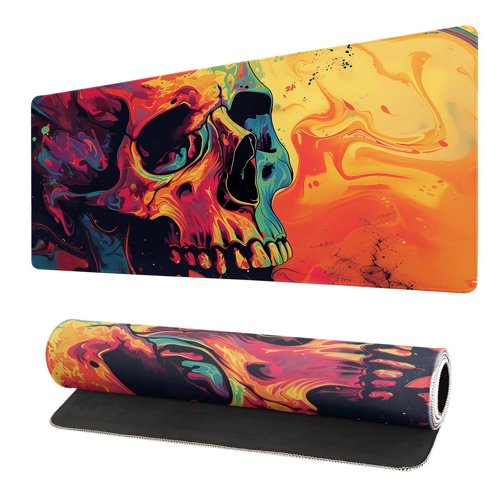 Comfort Essence - Extended Gaming Mouse Pad Large Waterproof With Stitched Edges Non-slip Desktop For Home And Office Level Up - Watercolor Skull