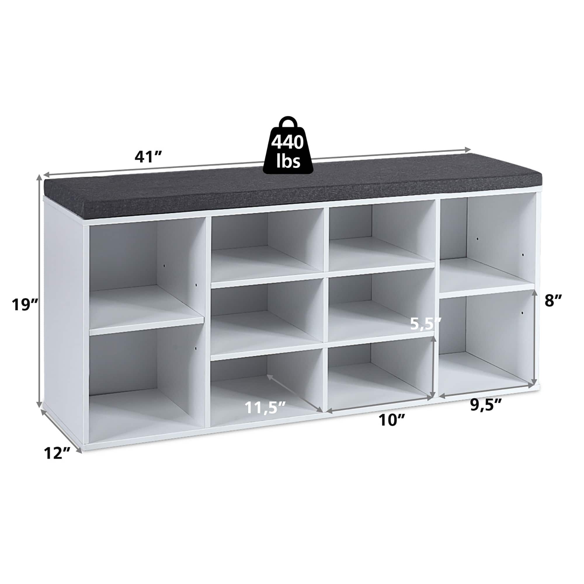 The image shows a white shelf with a black countertop. The shelf is labeled with the dimensions and weight capacity, which is 41" x 440 lbs. The shelf has a total of 19 compartments, each measuring 8" x 11.5". The shelf is designed to hold a maximum weight of 10 lbs per compartment.