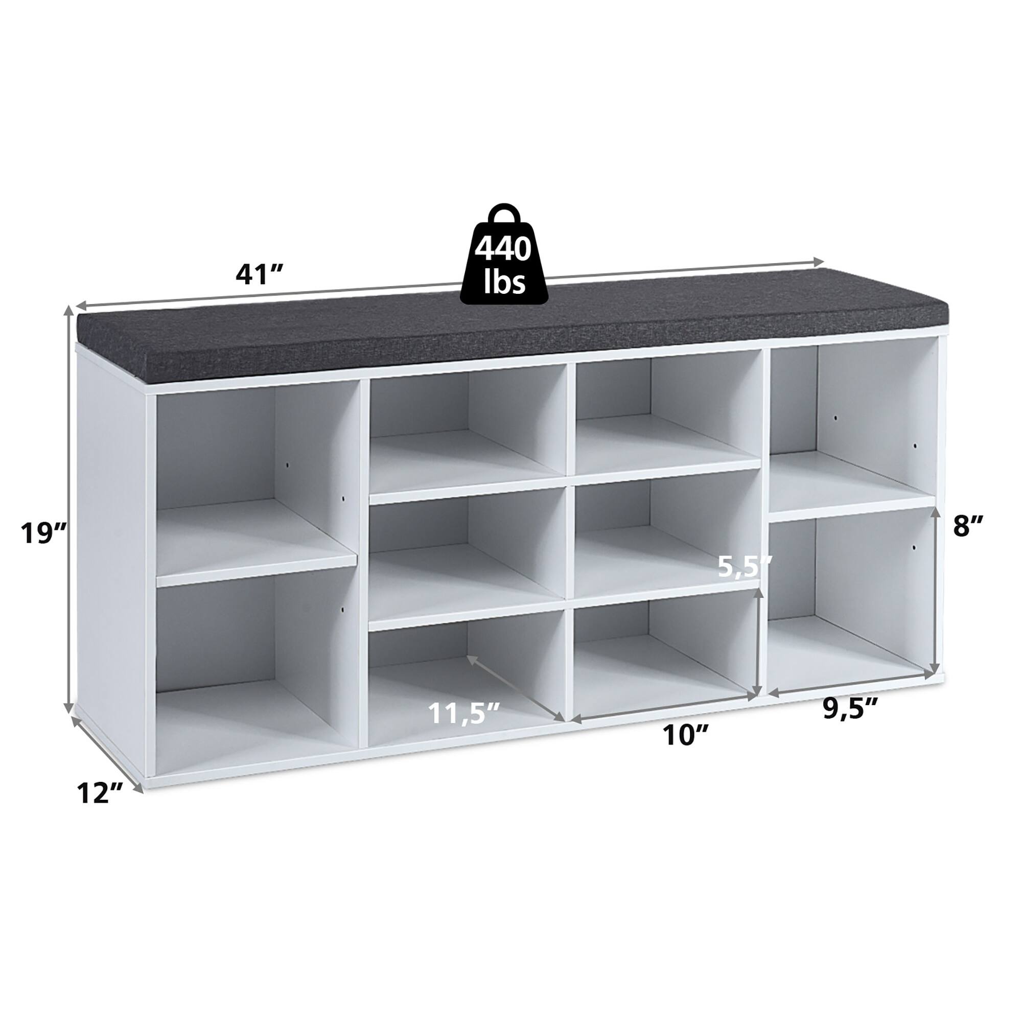 The image shows a white shelf with a black countertop. The shelf is labeled with the dimensions and weight capacity, which is 41" x 440 lbs. The shelf has a total of 19 compartments, each measuring 8" x 11.5". The shelf is designed to hold a maximum weight of 10 lbs per compartment.