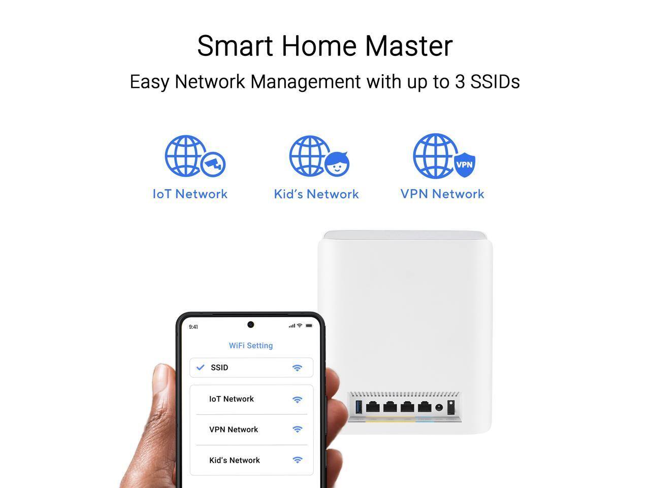 Smart Home Master  
Easy Network Management with up to 3 SSIDs

- IoT Network
- Kid's Network
- VPN Network

WiFi Setting  
SSID  
IoT Network  
VPN Network  
Kid's Network