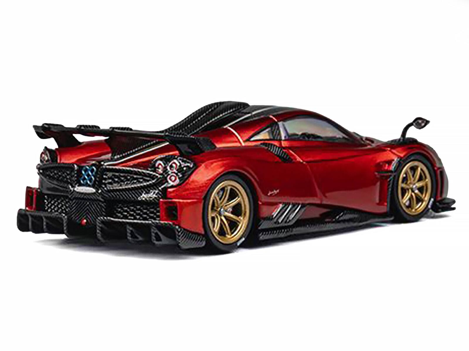 Alt View 2. CM Models - Pagani Imola Red Metallic with Carbon Top and Stripes with Extra Wheels 1/64 Diecast Model Car by CM Model.
