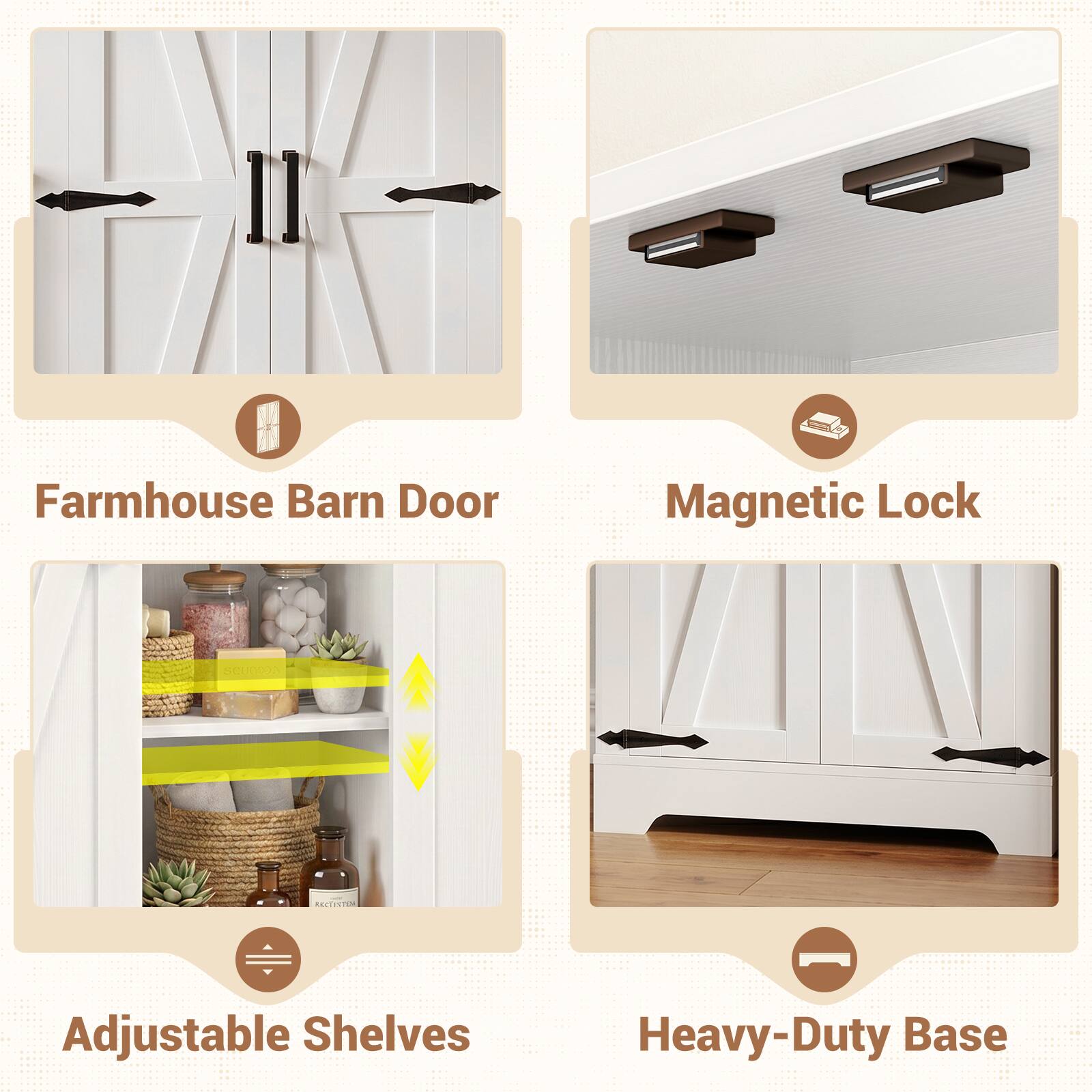 Farmhouse Barn Door Magnetic Lock

- Adjustable Shelves
- Heavy-Duty Base