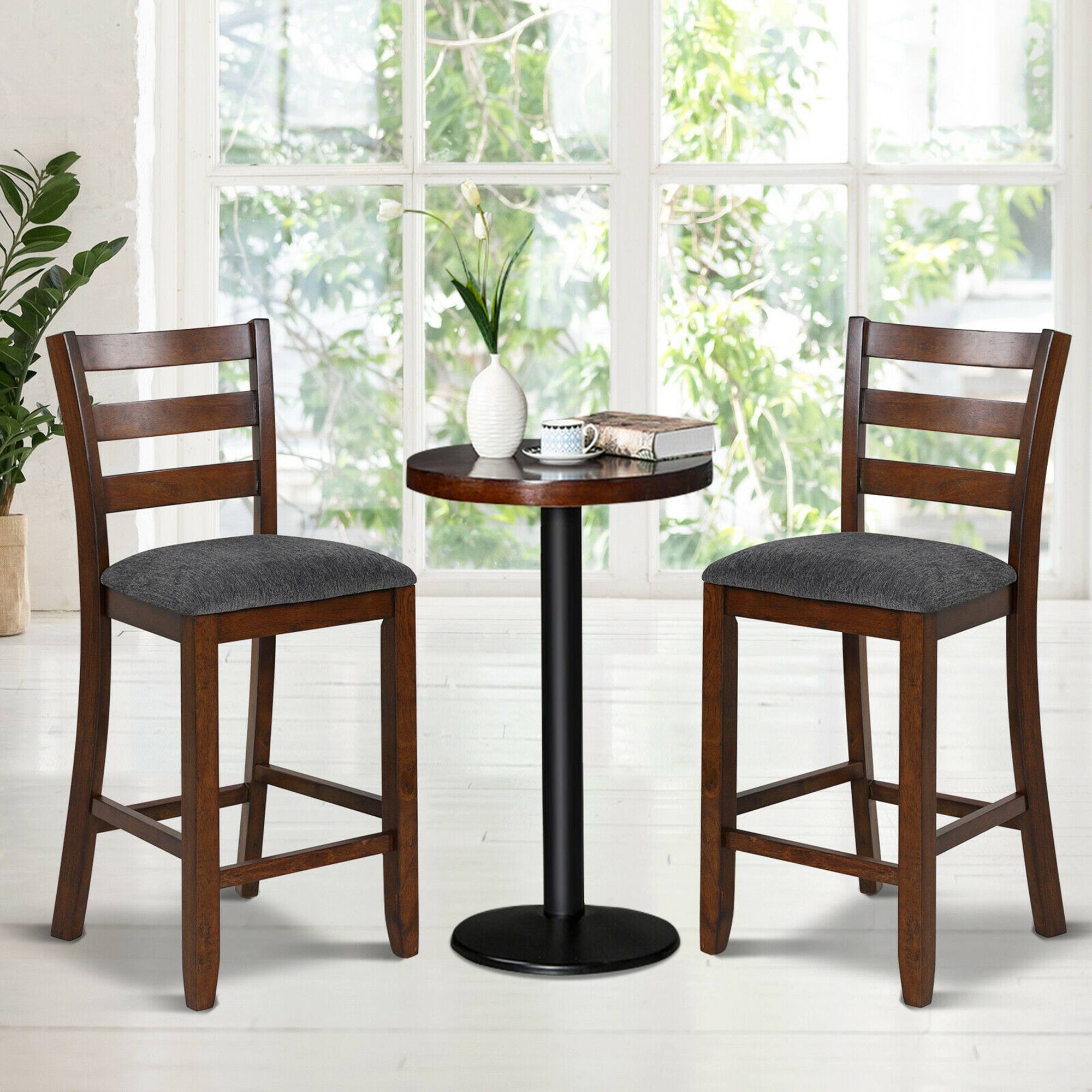 Alt View 2. Costway - Costway Set of 2 Barstools Counter Height Chairs w/Fabric Seat & Rubber Wood Legs - Grey,Brown.