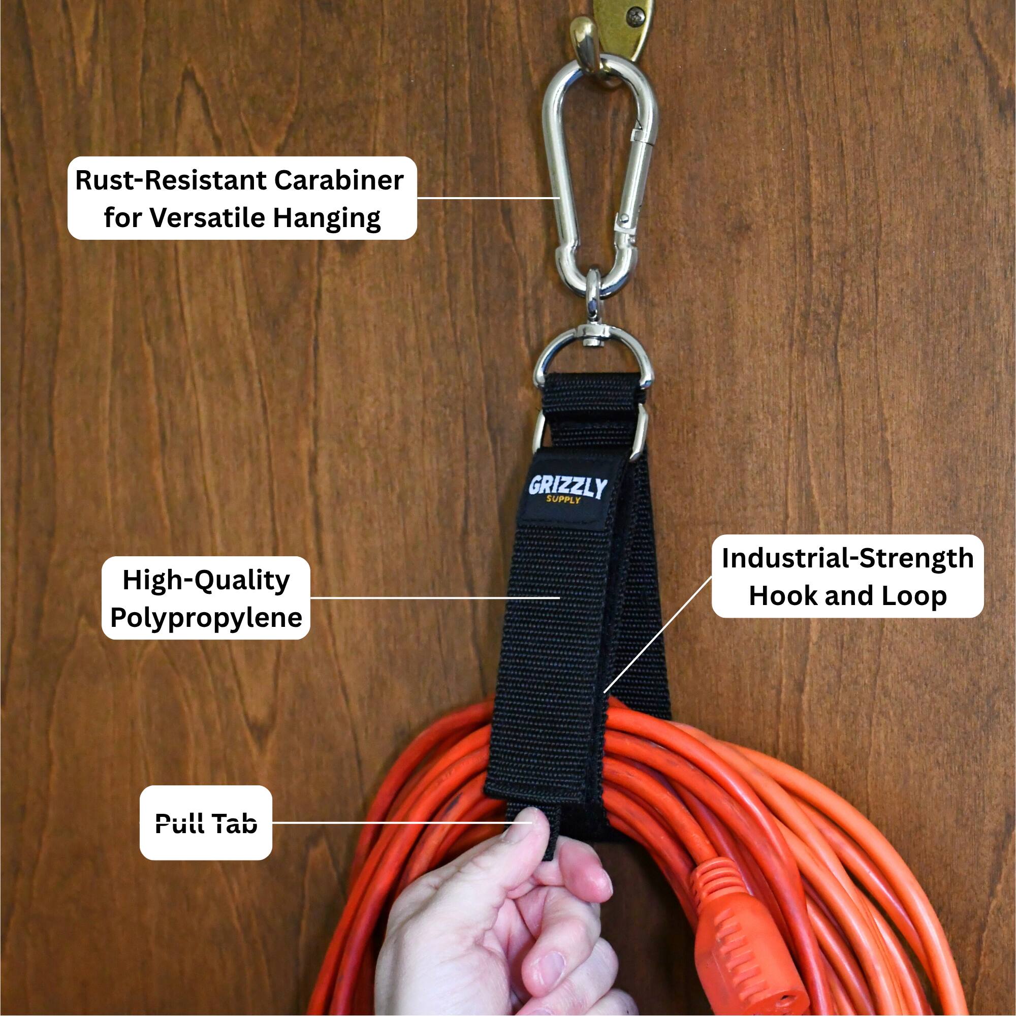 Rust-Resistant Carabiner for Versatile Hanging

GRIZZLY SUPPLY

High-Quality Polypropylene

Industrial-Strength Hook and Loop

Pull Tab