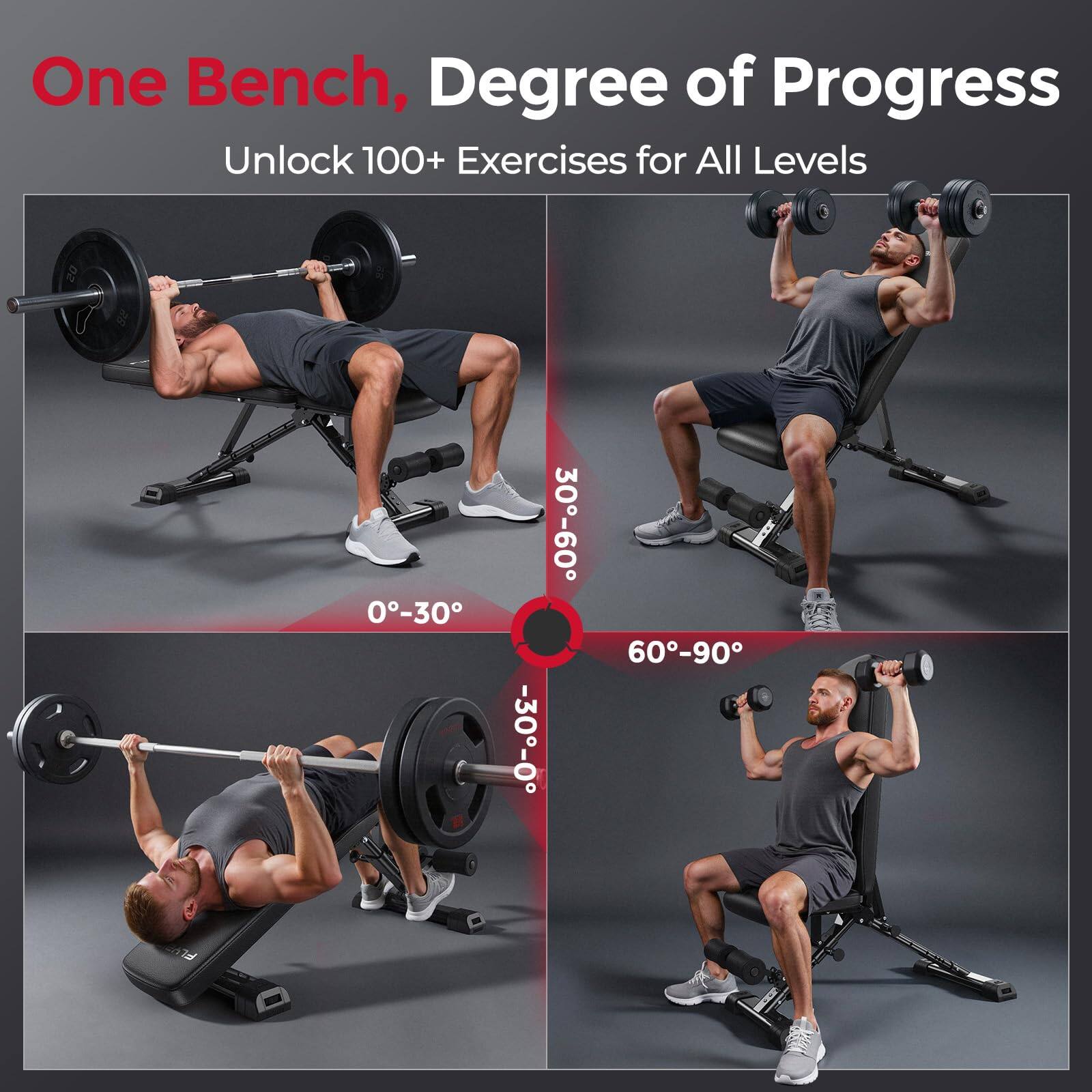 One Bench, Degree of Progress  
Unlock 100+ Exercises for All Levels  

0°-30°  
-30°-0°  
30°-60°  
60°-90°