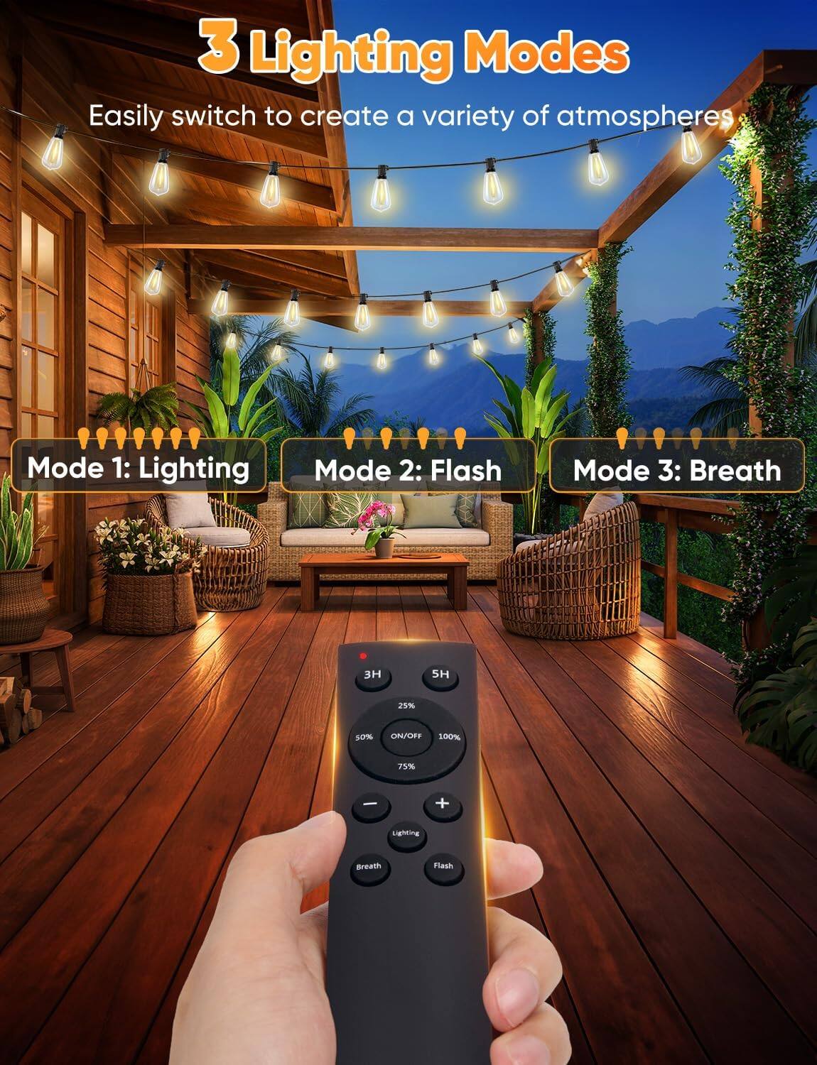 3 Lighting Modes  
Easily switch to create a variety of atmospheres  

Mode 1: Lighting  
Mode 2: Flash  
Mode 3: Breath  

3H 5H  
25% 50% ON/OFF 100% 75%  
- +  
Lighting  
Breath  
Flash