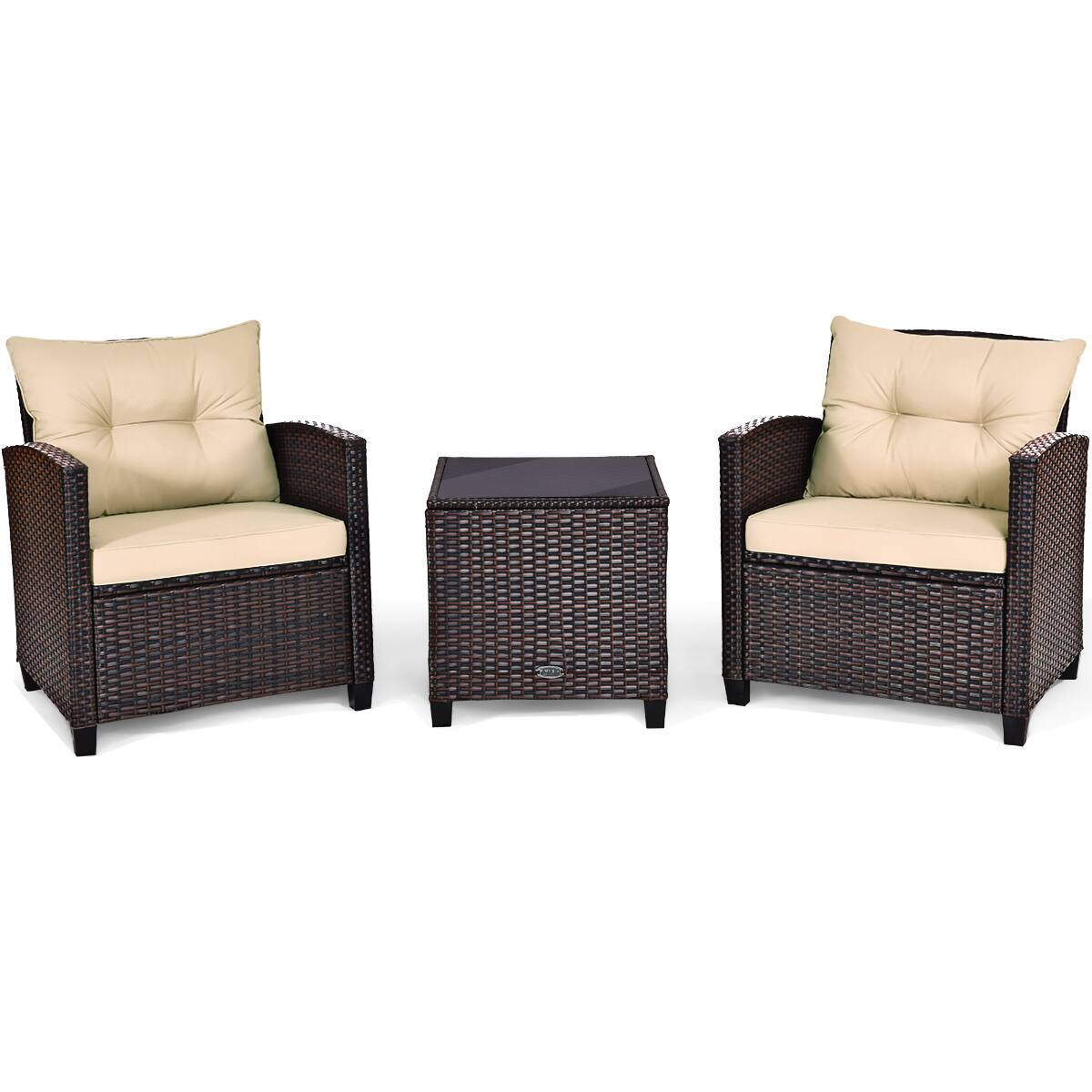 Angle. Costway - 3PCS Patio Rattan Furniture Set Cushioned Conversation Set Sofa Coffee Table - Beige.