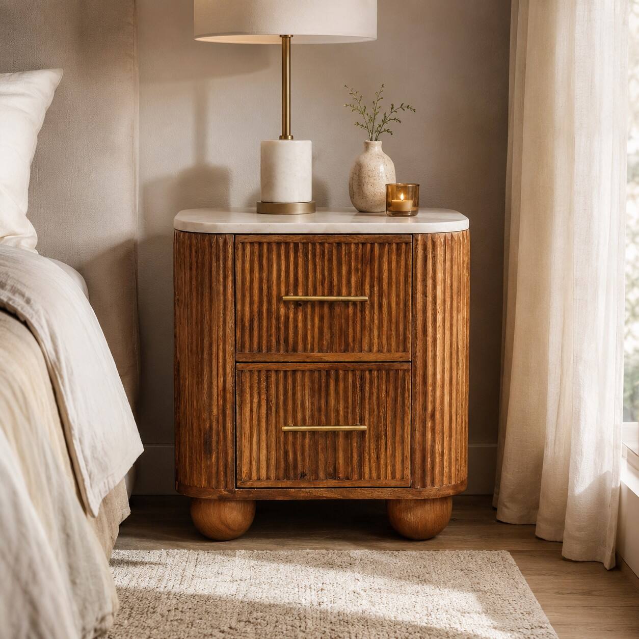 Alt View 2. Artisan Furniture - Artisan Furniture Solid Wood Marble Crest Bedside Table, 2 Drawers, Brown - Brown.