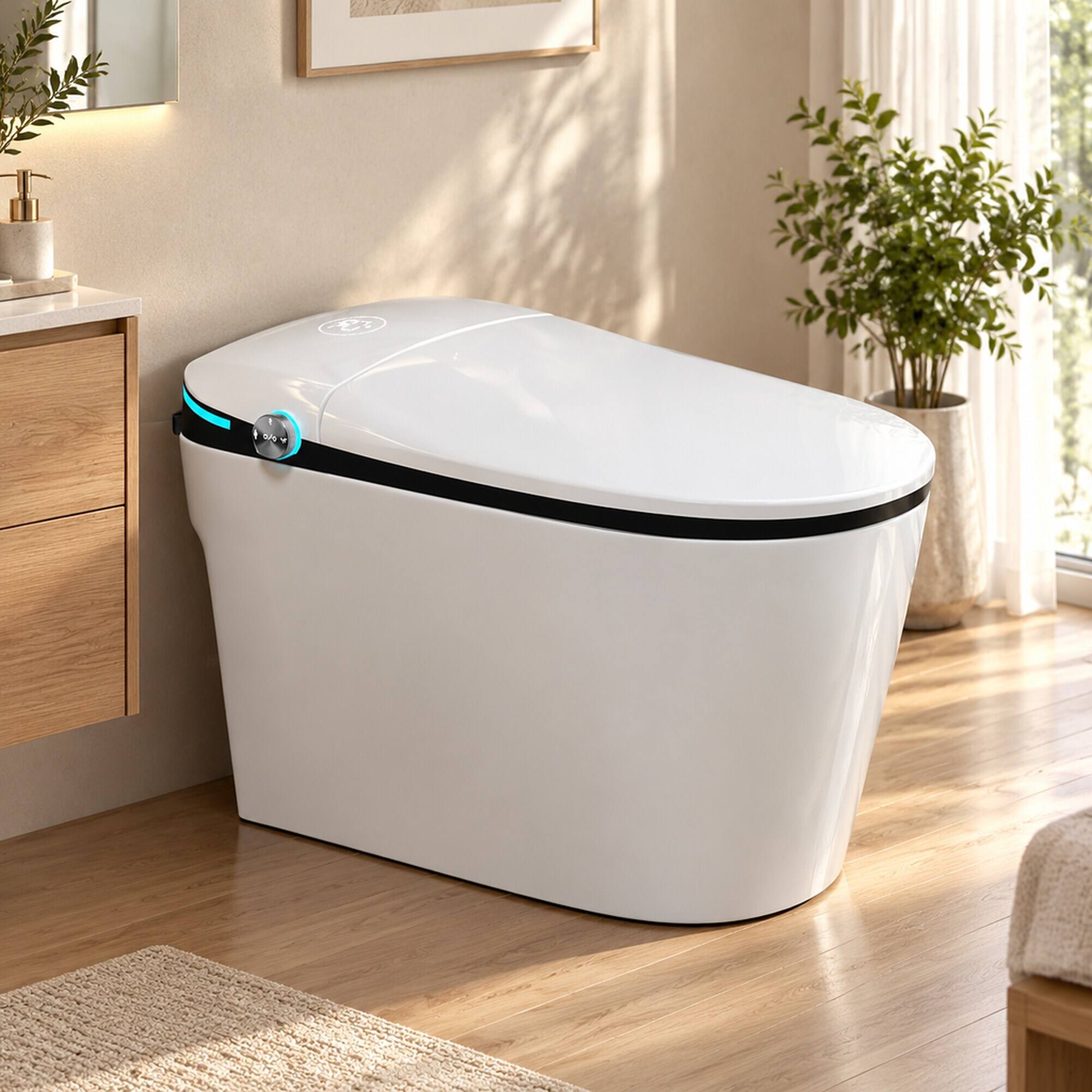 Alt View 1. RYHNUYNE - Luxury Smart Bidet Toilet With Heated Seat, Auto Open Close Foot Sensor LED Display Nightlight Warm Water Dryer In White - White.